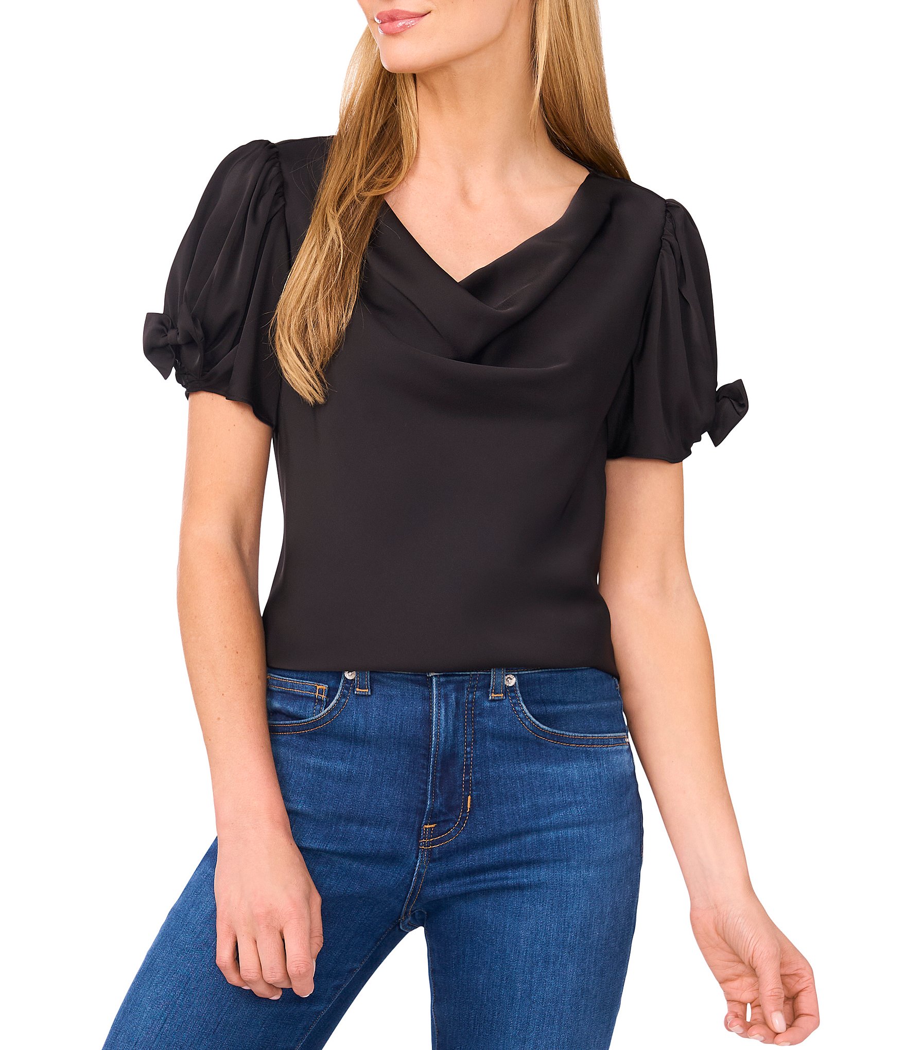 Cece Woven Cowl Neck Short Bubble Sleeve Top