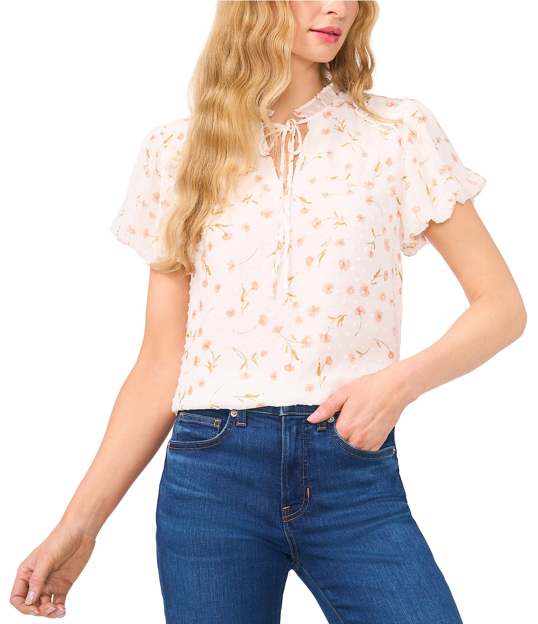 CeCe Woven Floral Print Split Round Neck Short Sleeve Tie Front Blouse ...