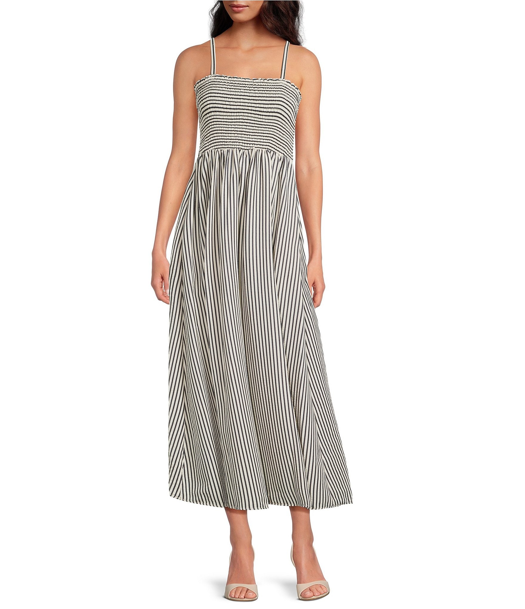 CeCe Woven Stripe Print Square Neck Sleeveless Smocked Midi A-Line Dress