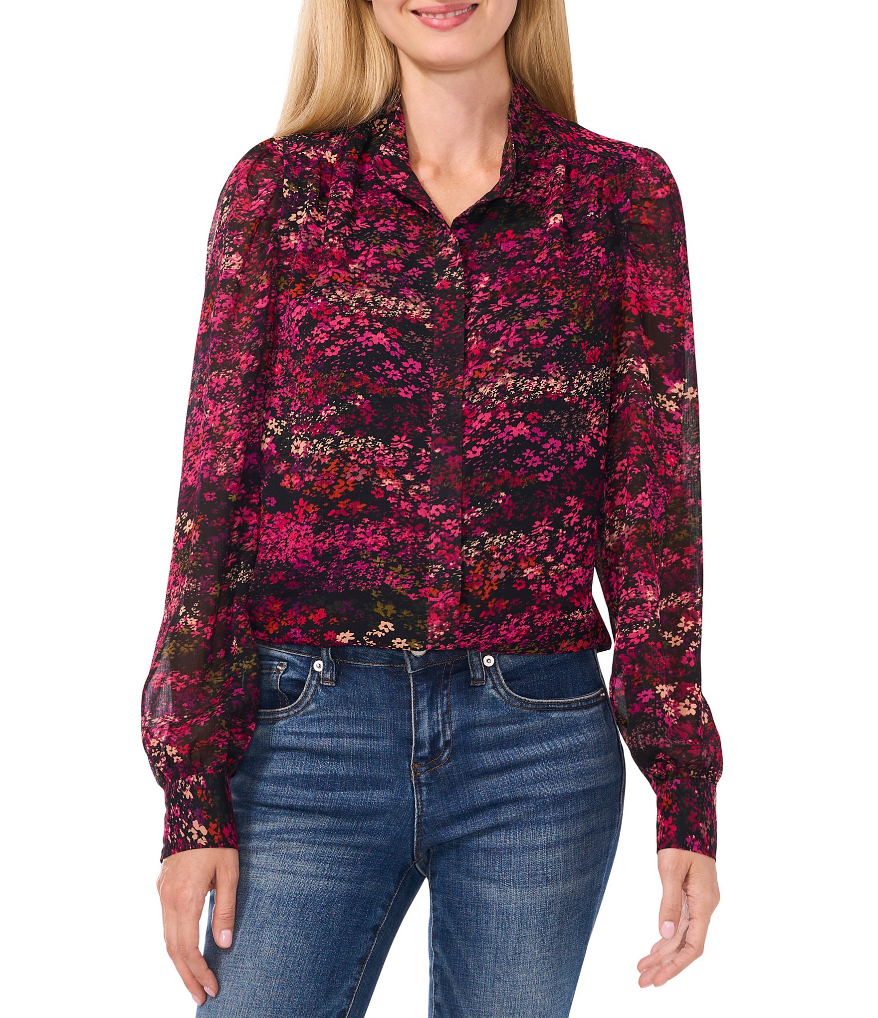 CeCe Woven Yoryu Ditsy Floral Print Split-V Collar Long Sleeve Hidden ...