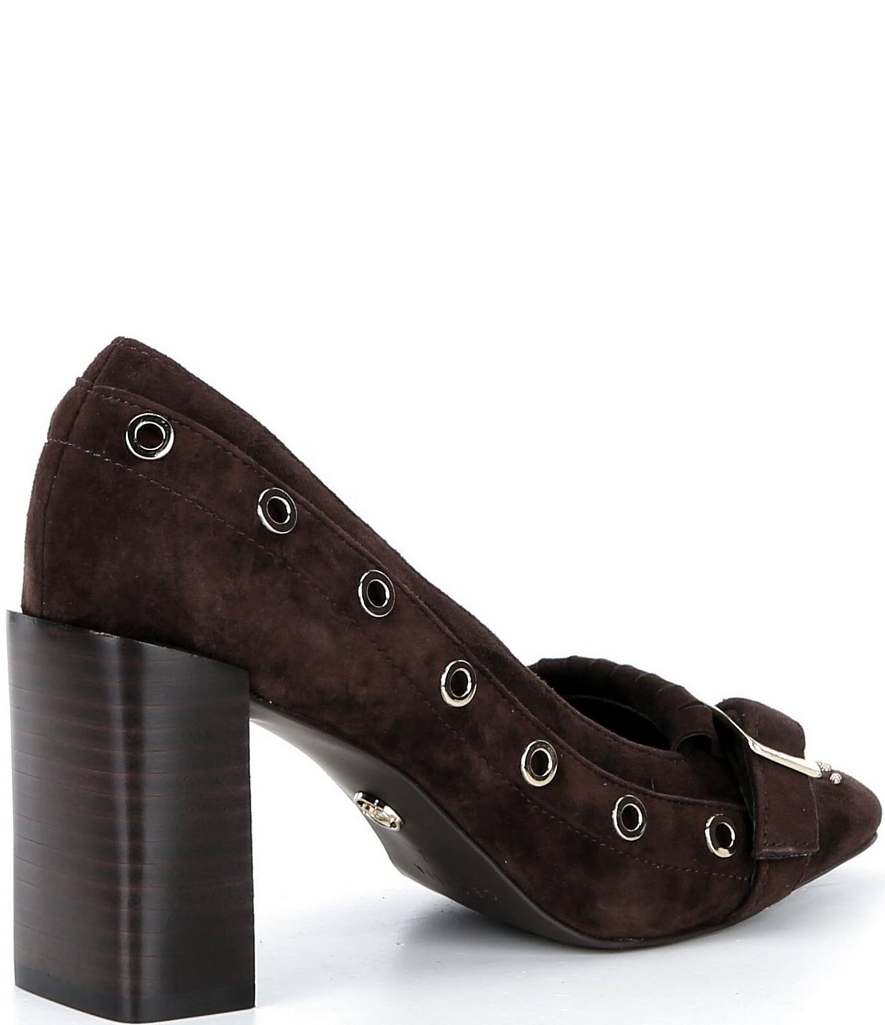 Cecelia New York Gina Studded Suede Kiltie Buckle Hardware Block Heel Pumps