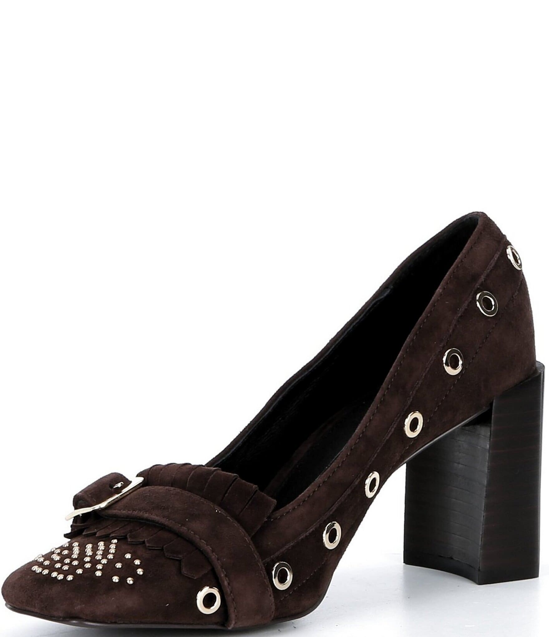 Cecelia New York Gina Studded Suede Kiltie Buckle Hardware Block Heel Pumps