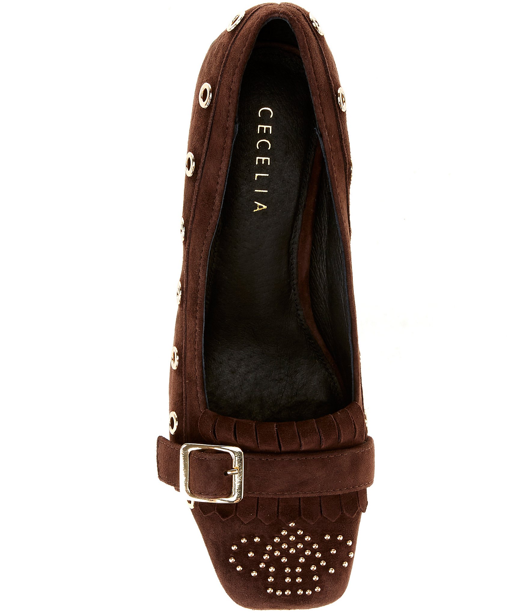 Cecelia New York Gina Studded Suede Kiltie Buckle Hardware Block Heel Pumps