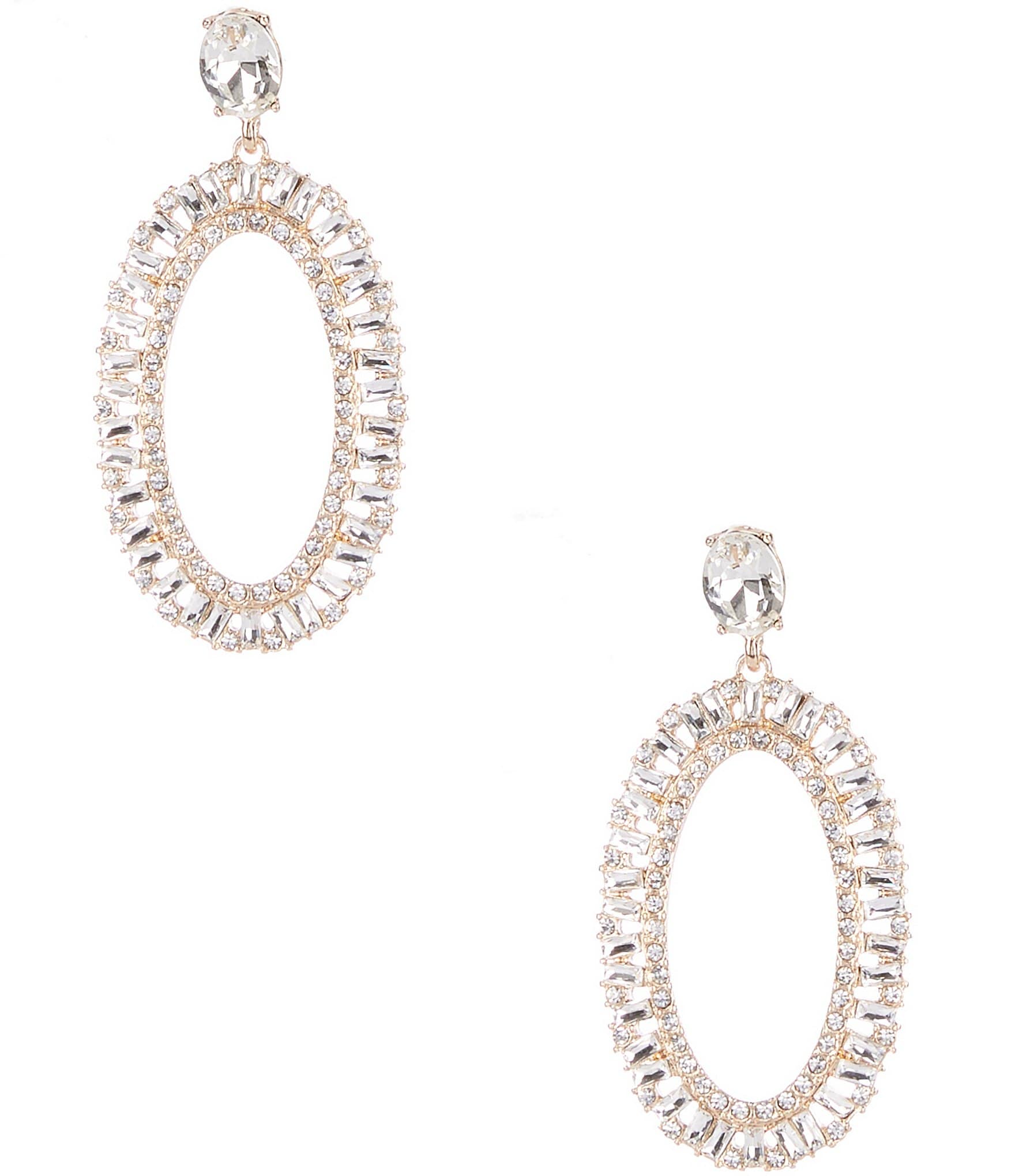 Cezanne Crystal Baguette Stone Pave Edge Oval Drop Earrings