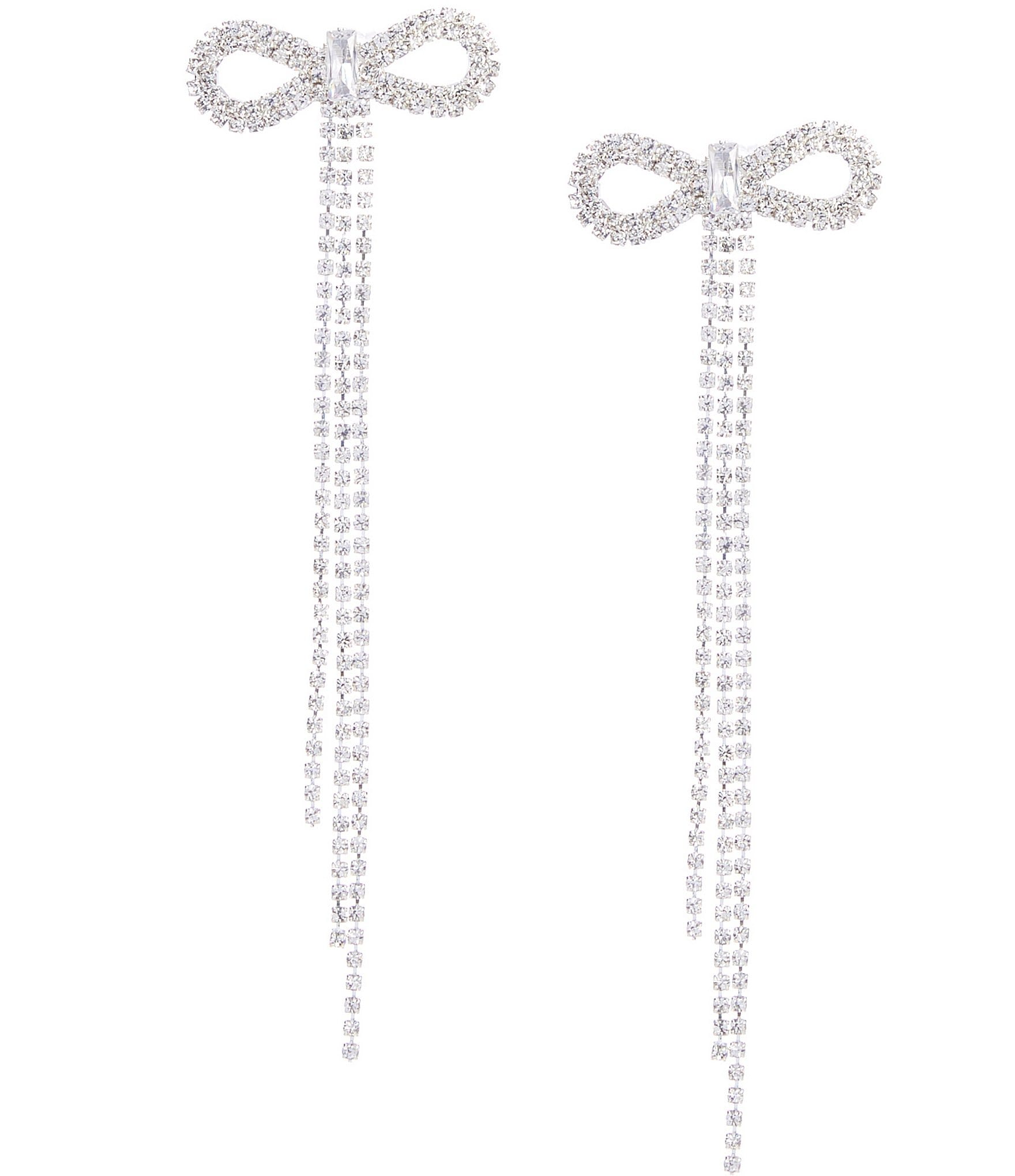 Cezanne Crystal Bow Long Fringe Drop Earrings