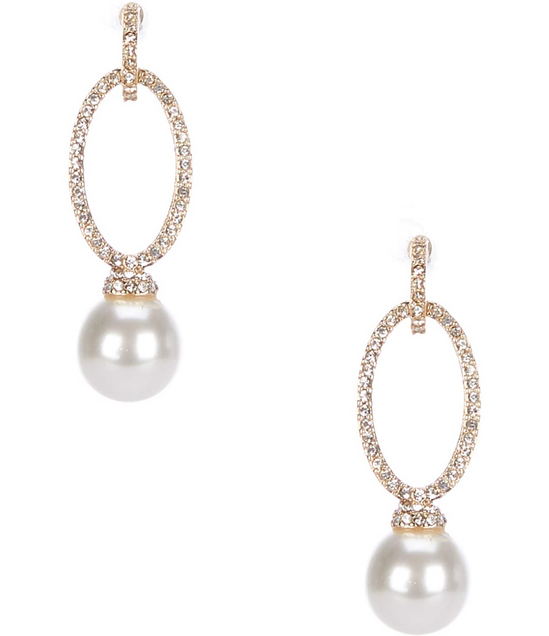 Cezanne Crystal Pave Oval Open Metal Pearl Drop Earrings