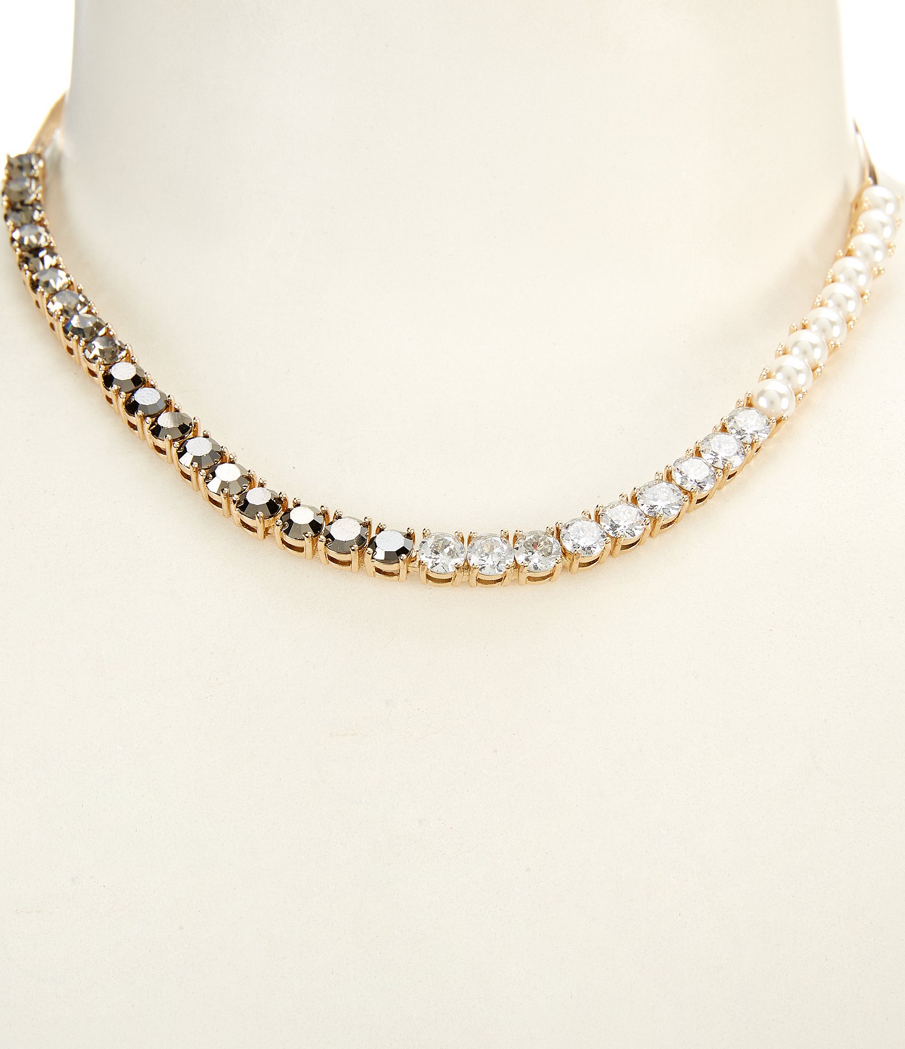 Cezanne Pearl, CZ, & Black Diamond Round Stone Collar Necklace