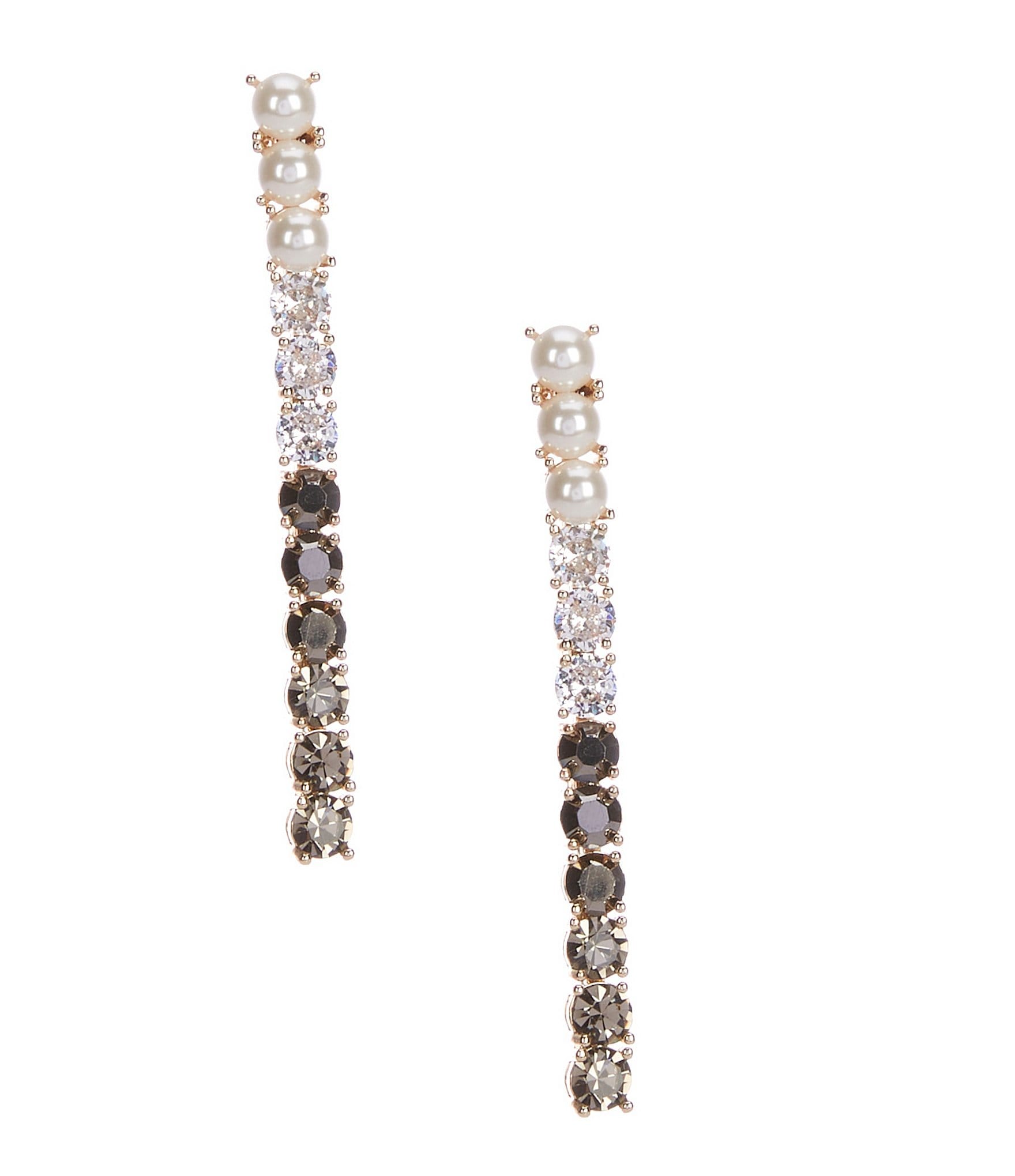 Cezanne Pearl, CZ, & Black Diamond Round Stone Linear Earrings