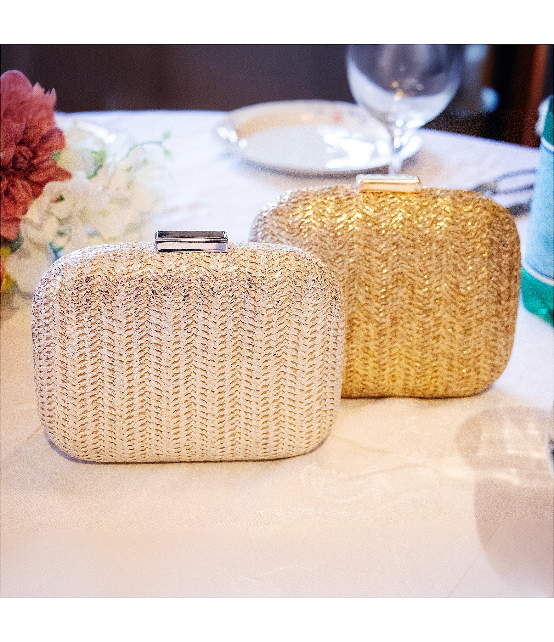 Cezanne Square Straw Metallic Minaudiere Clutch Bag