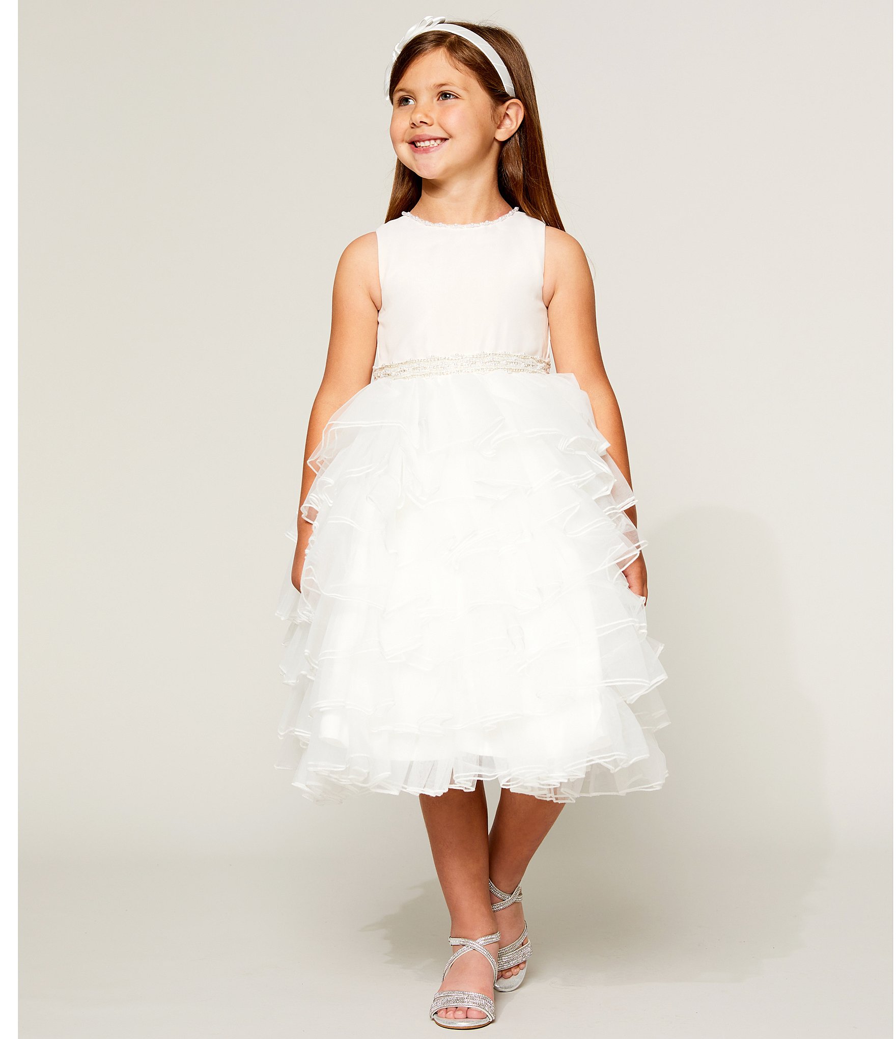 Chantilly Place Little Girls 2T-6X Jeweled-Waist Satin/Mesh Tiered Cascade Tea Length Dress