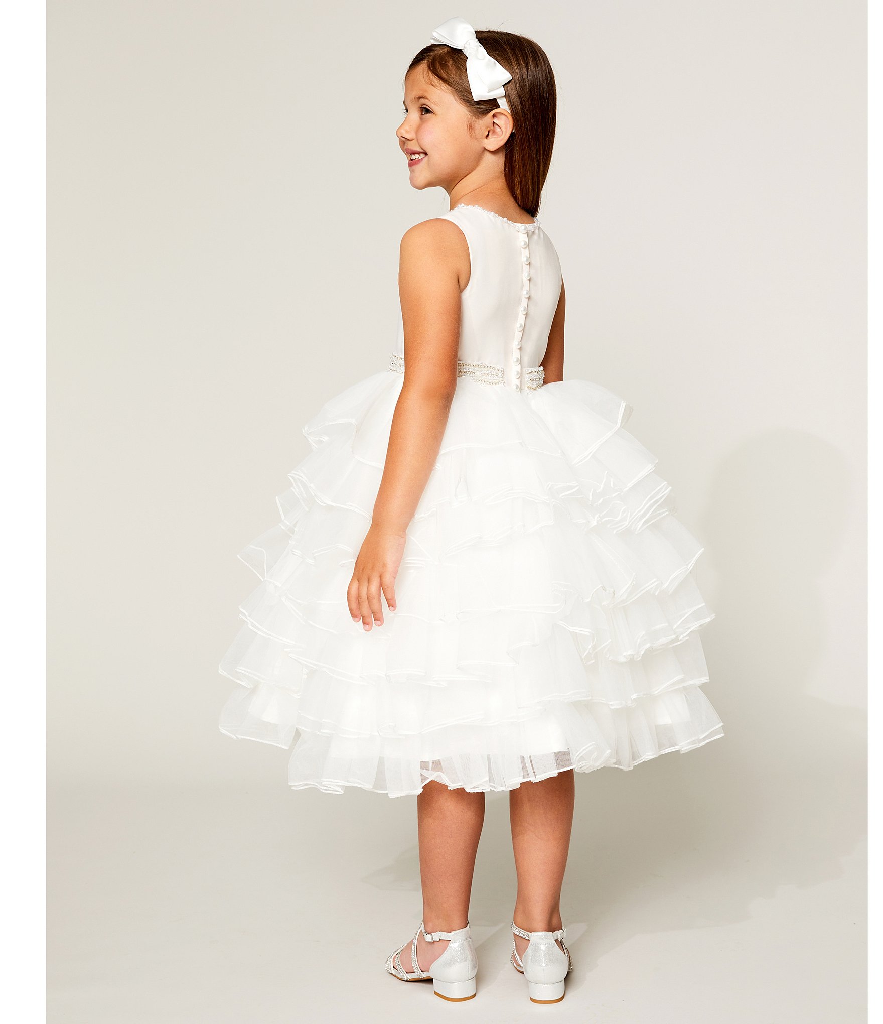 Chantilly Place Little Girls 2T-6X Jeweled-Waist Satin/Mesh Tiered Cascade Tea Length Dress