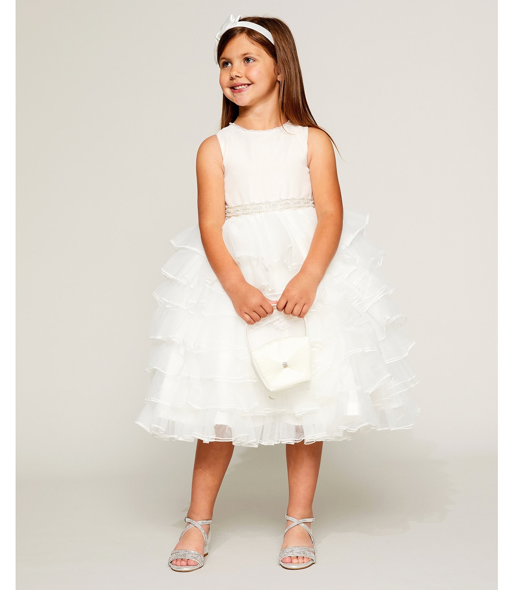 Chantilly Place Little Girls 2T-6X Jeweled-Waist Satin/Mesh Tiered Cascade Tea Length Dress