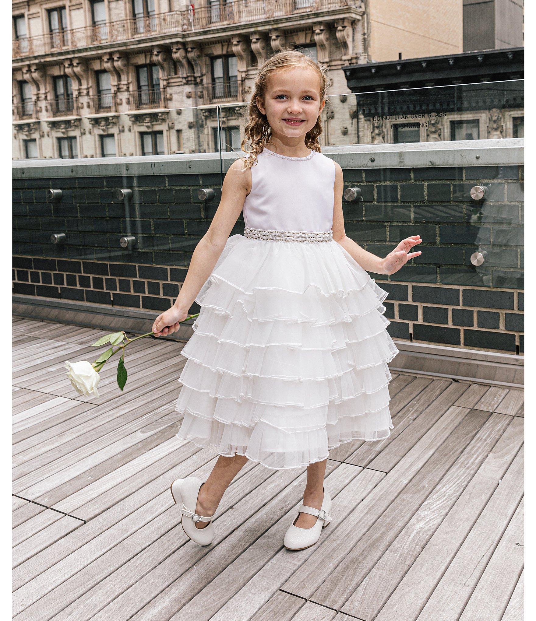 Chantilly Place Little Girls 2T-6X Jeweled-Waist Satin/Mesh Tiered Cascade Tea Length Dress