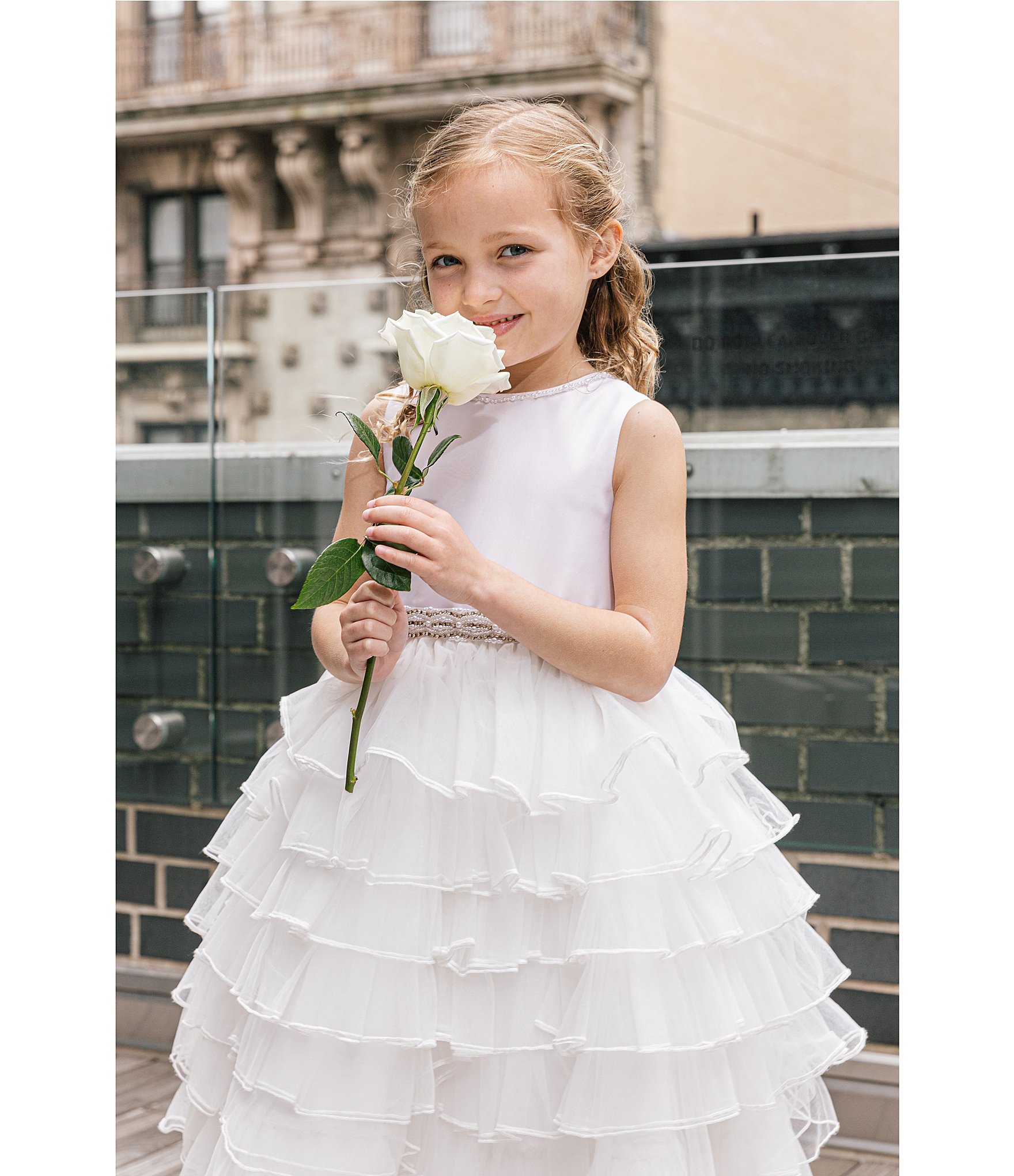 Chantilly Place Little Girls 2T-6X Jeweled-Waist Satin/Mesh Tiered Cascade Tea Length Dress