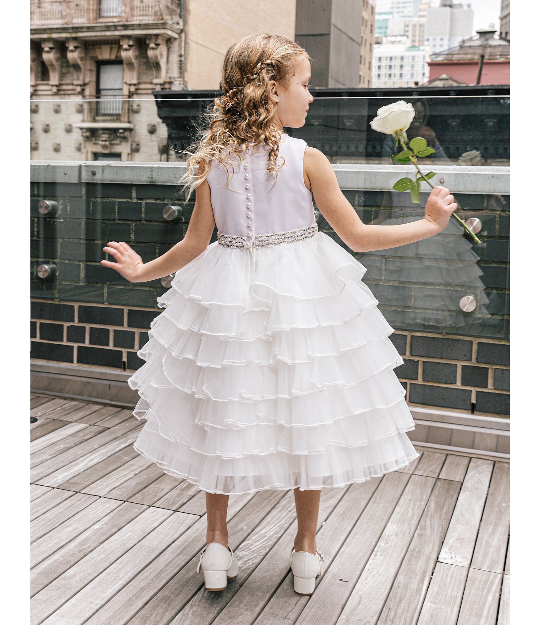 Chantilly Place Little Girls 2T-6X Jeweled-Waist Satin/Mesh Tiered Cascade Tea Length Dress