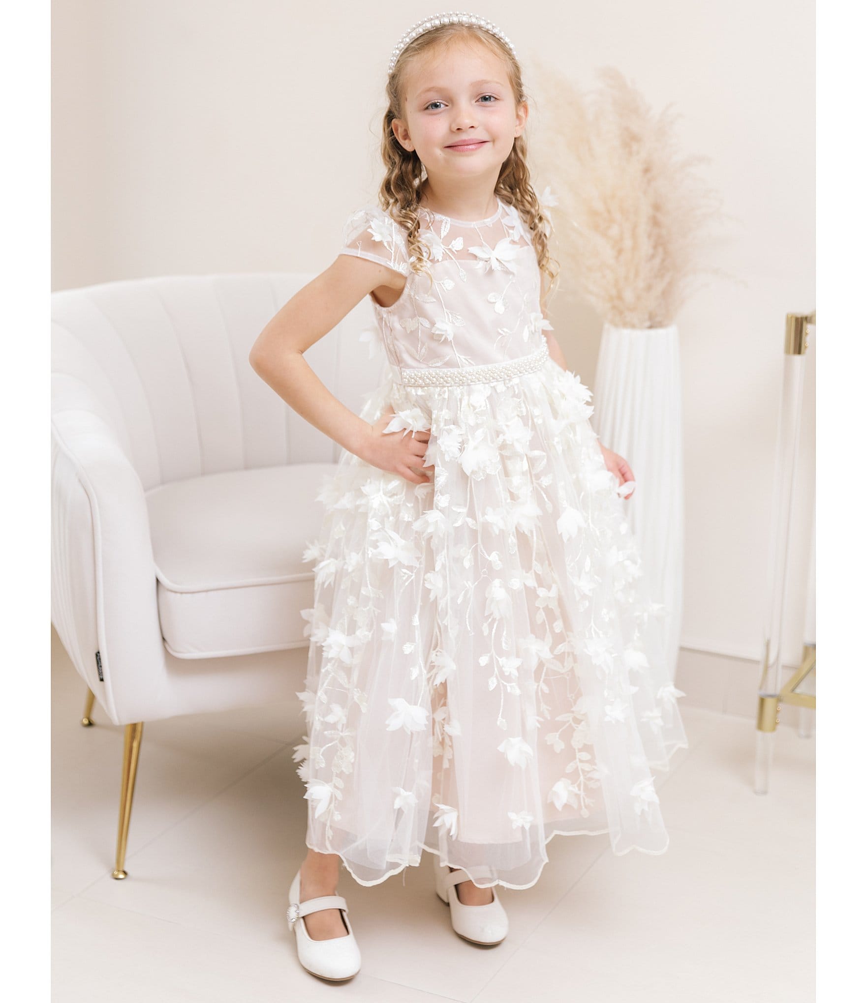 Chantilly Place Little Girls 4-6X Cap Sleeve Pearl Embellished Waist Floral Embroidered Scalloped Hem Gown