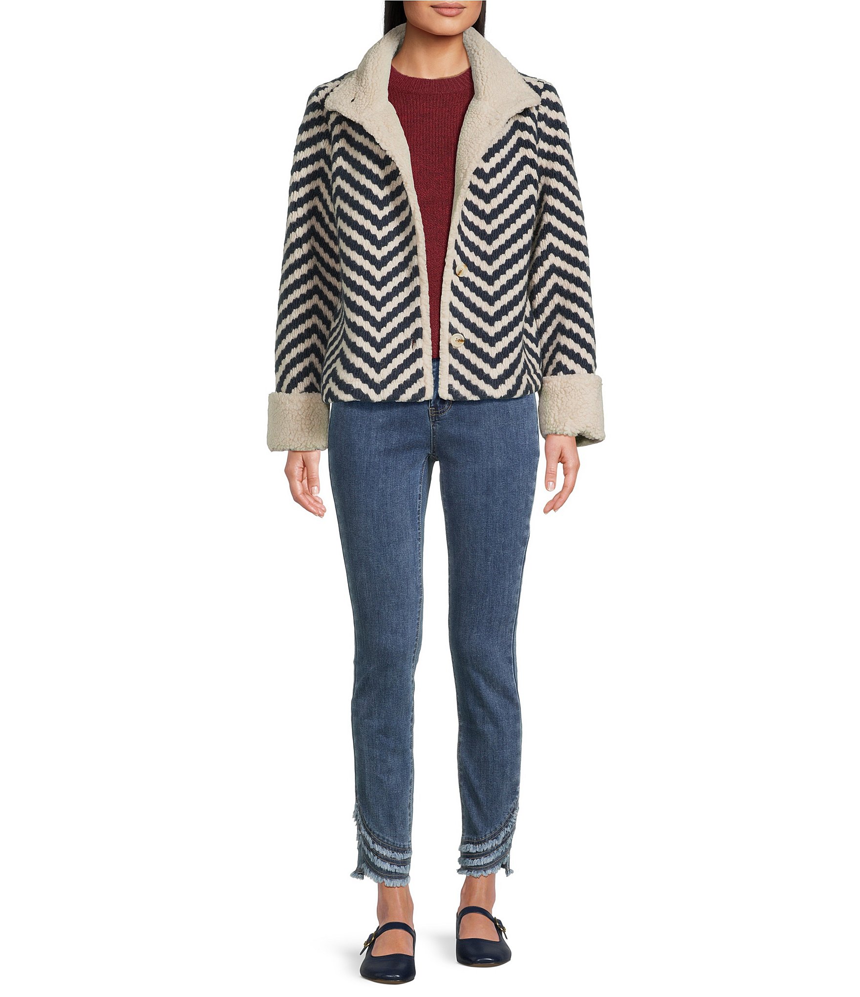Charlie B. Boucle Chevron Collared Long Sleeve Sherpa Trim Jacket