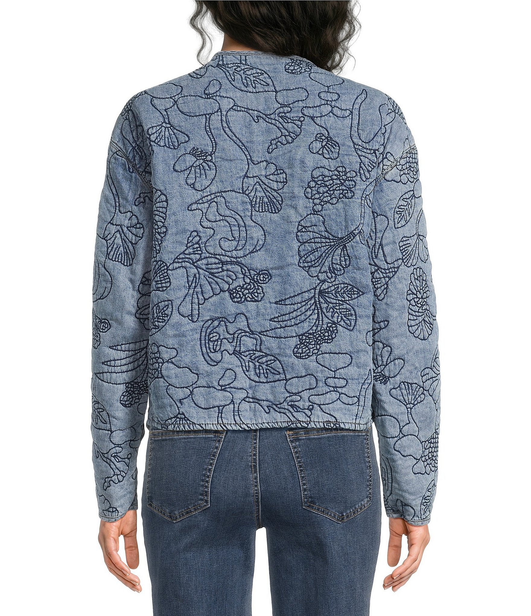 Charlie B. Denim Embroidered Round Neck Long Sleeve Bomber Jacket