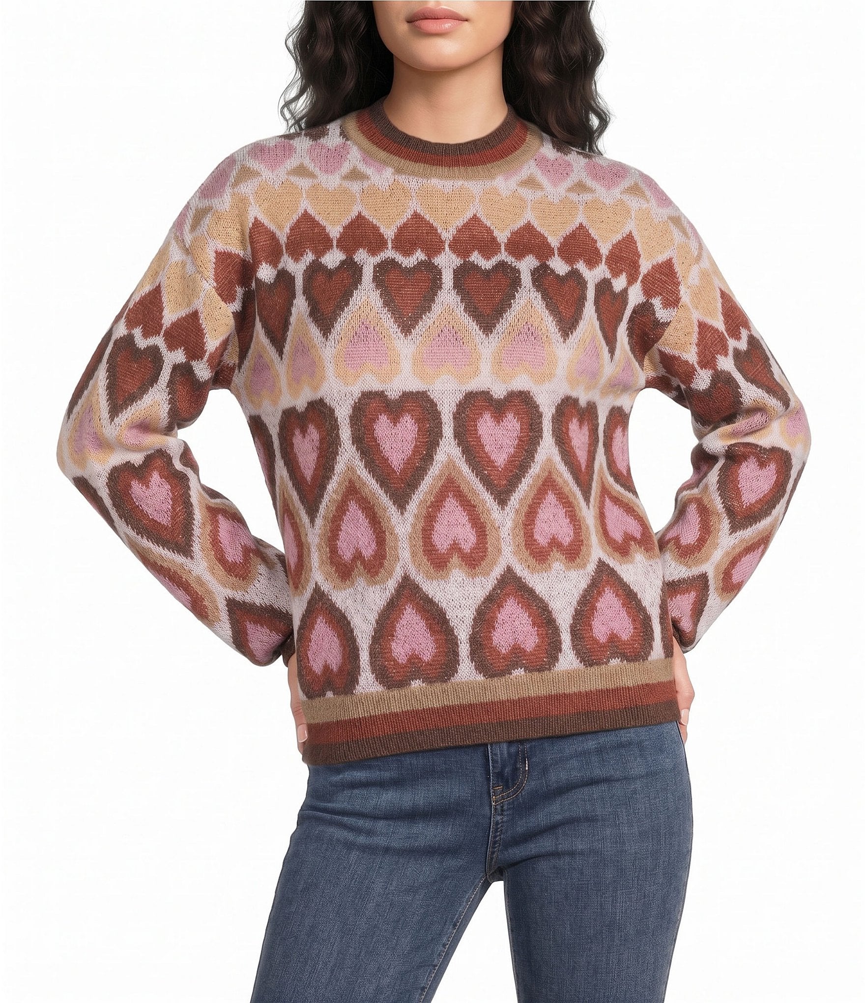 Charlie B. Jacquard Heart Pattern Mock Neck Long Sleeve Sweater