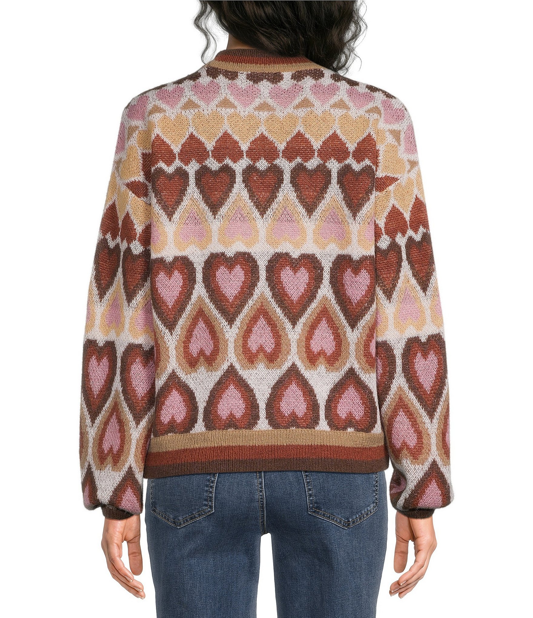 Charlie B. Jacquard Heart Pattern Mock Neck Long Sleeve Sweater