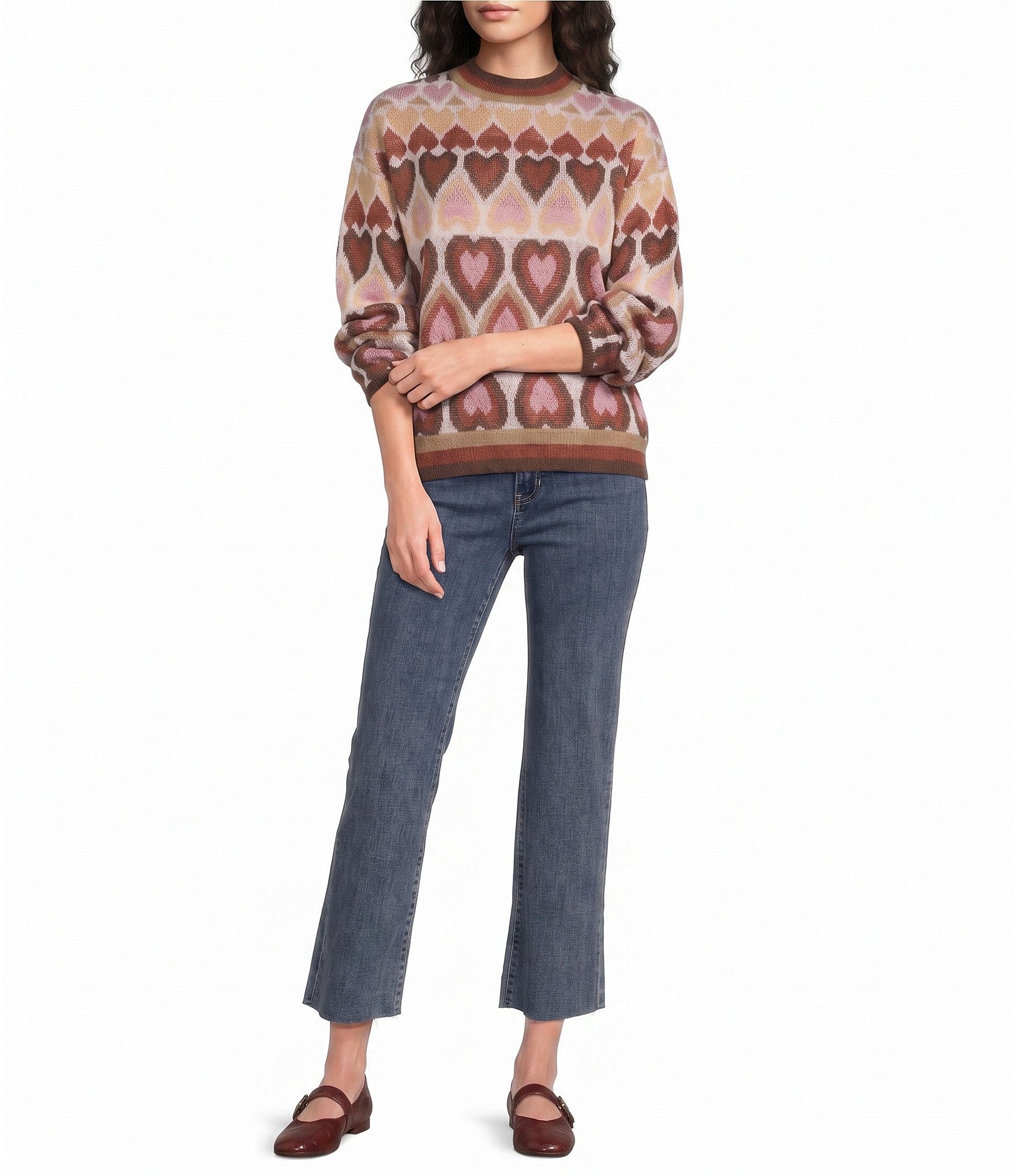Charlie B. Jacquard Heart Pattern Mock Neck Long Sleeve Sweater