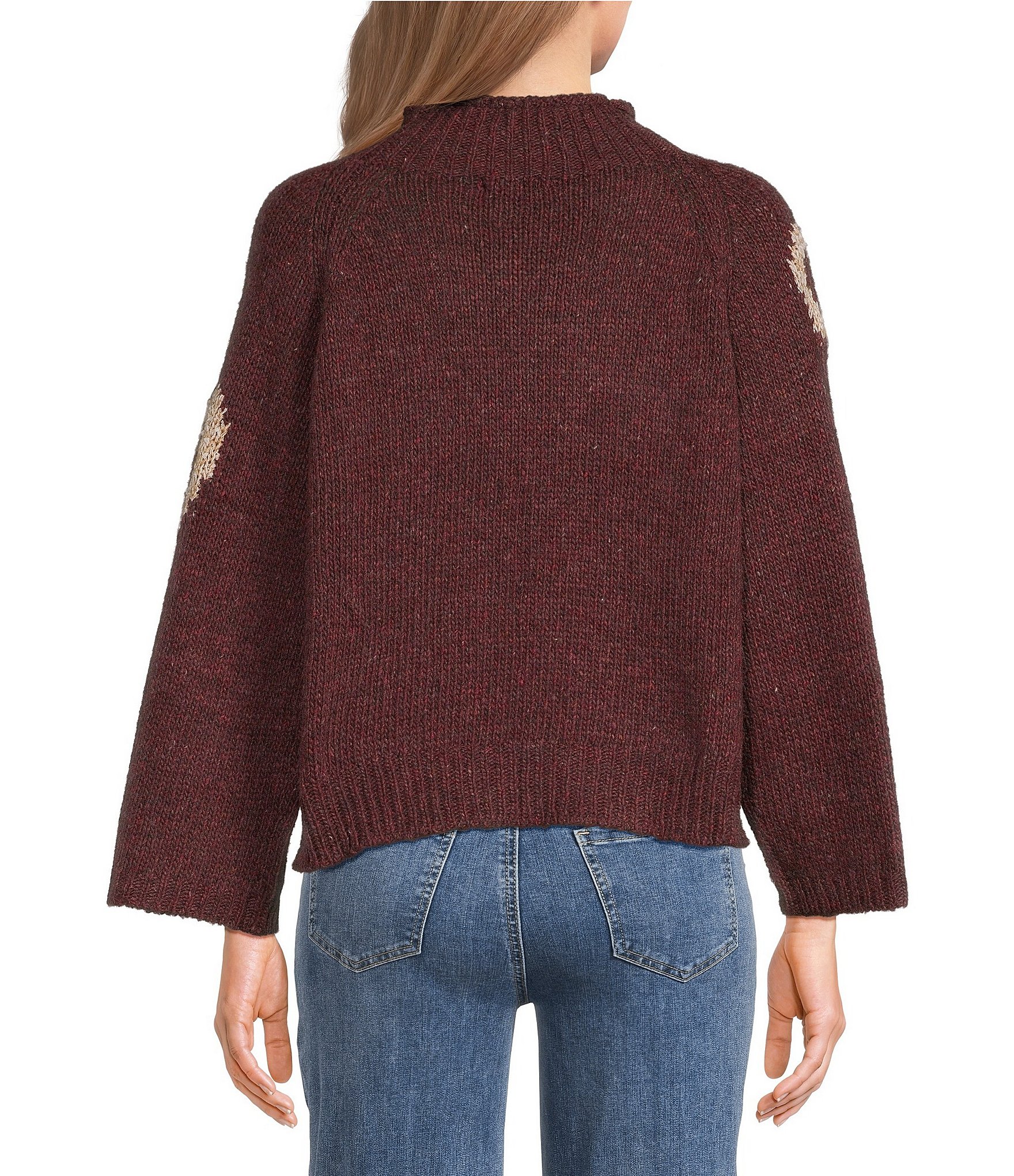 Charlie B. Knit Heart Pattern Mock Neck Long Sleeve Sweater