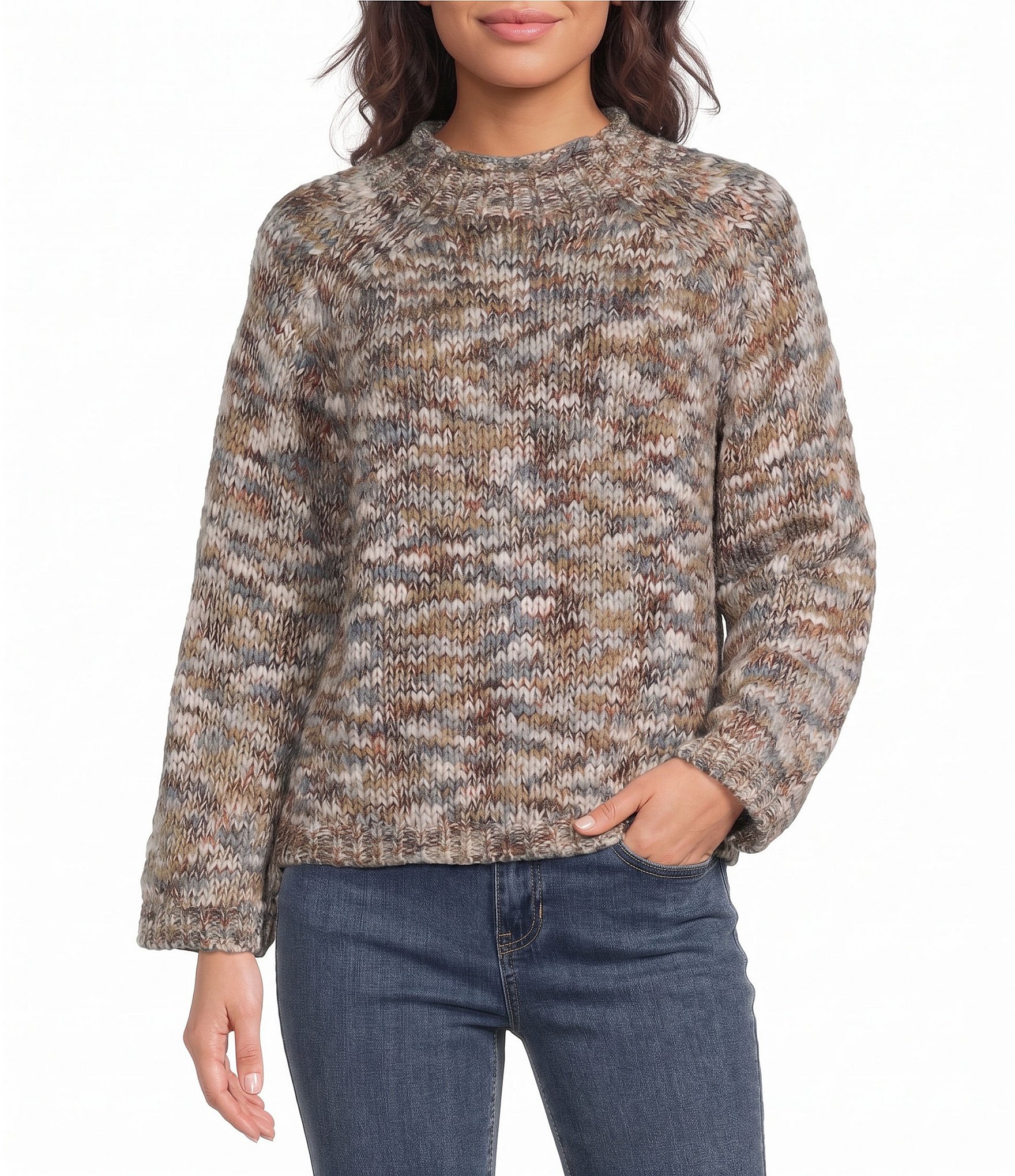 Charlie B. Knit Space Dye Mock Neck Long Sleeve Sweater