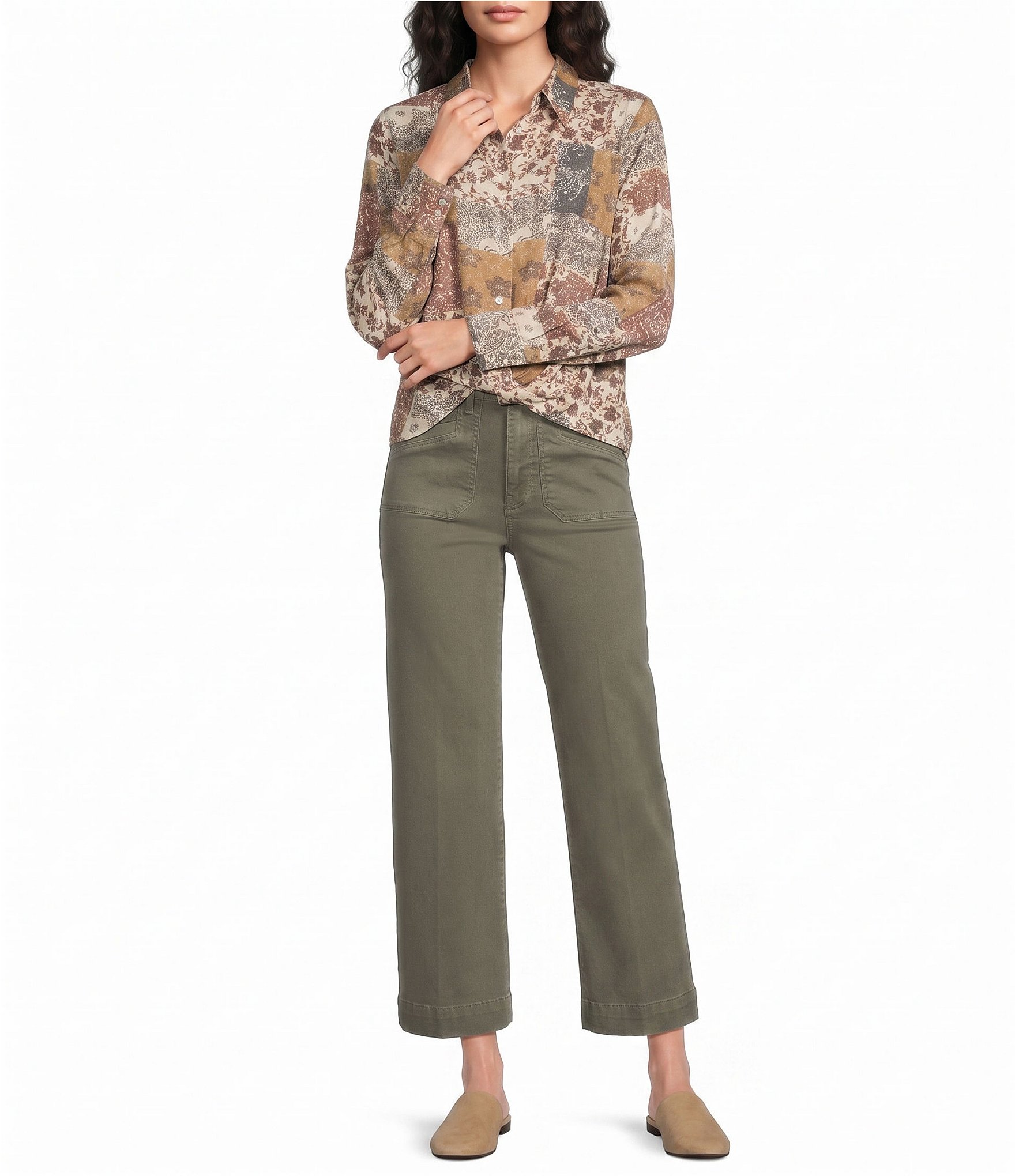 Charlie B. Stretch Twill Mid Rise Flat Front Patch Pocket Wide Leg Cropped Pants