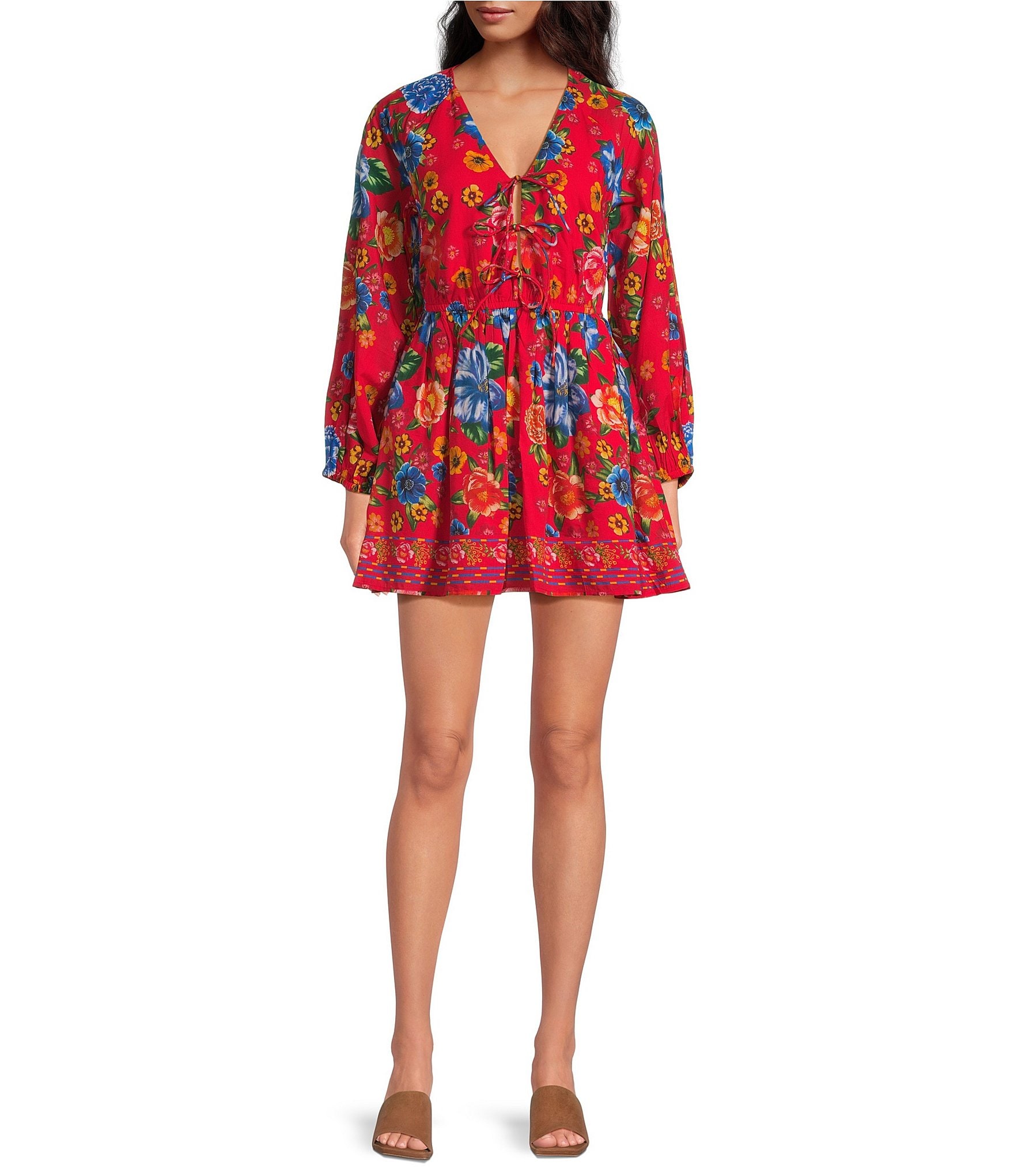 Chelsea & Violet Cadence Printed Tie Front V-Neck Long