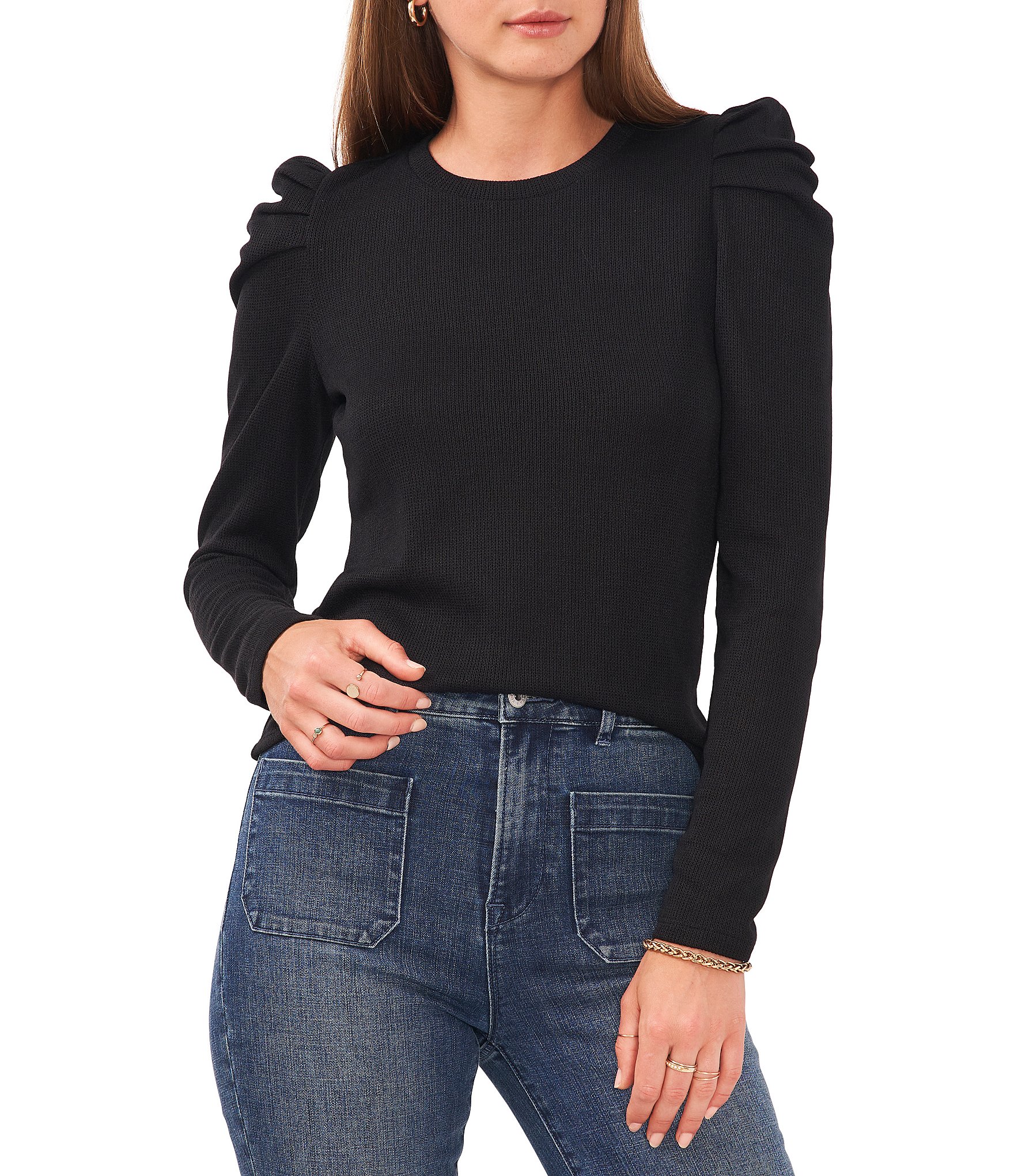 Chelsea & Violet Crew Neck Long Puff Sleeve Waffle Knit Top ...