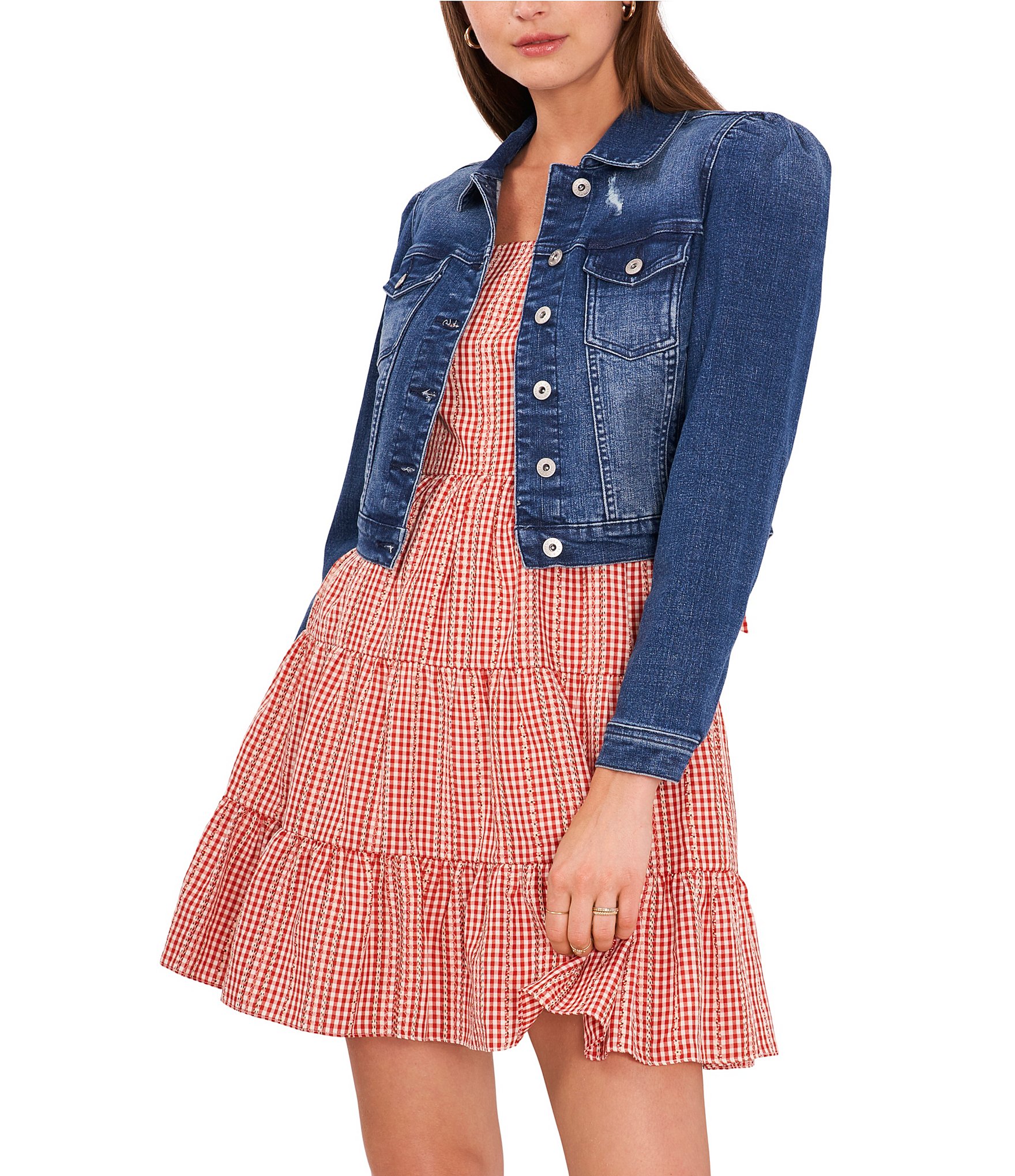 Long Puff Sleeve Cropped Denim Jacket 
