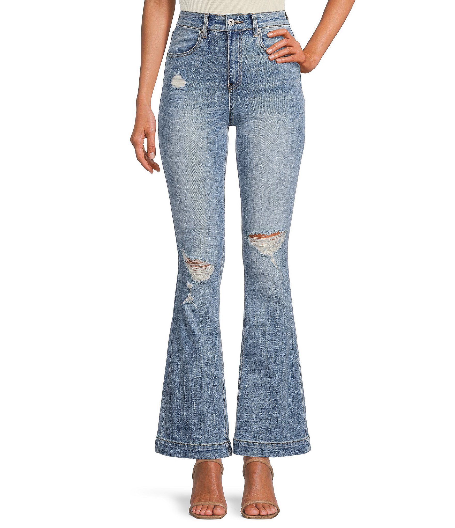 Chelsea & Violet High Rise Stretch Indigo Distressed Flare Jeans ...