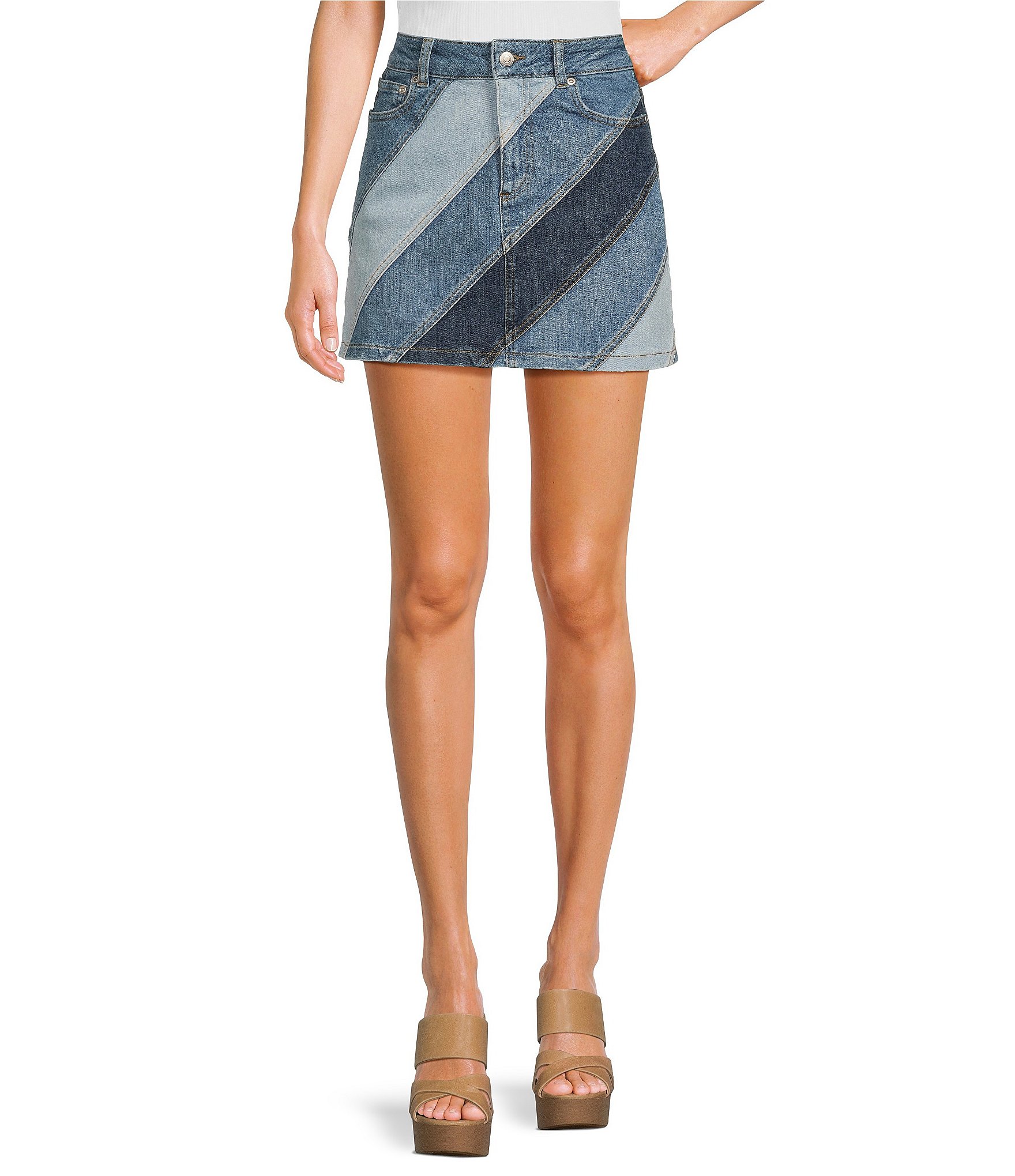 Chelsea & Violet Sara Denim Patchwork High Rise Fitted Jean Mini Skirt