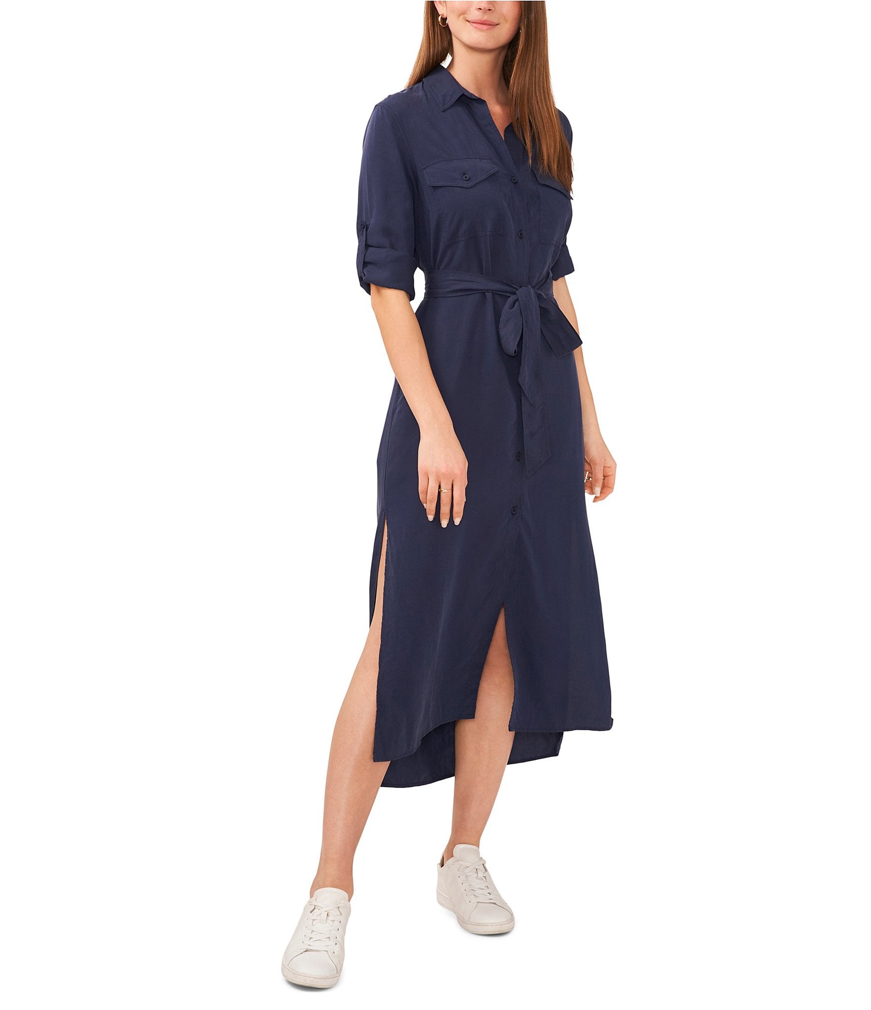 Maxi Length Belted Poplin Shirt Dress - Powder Blue