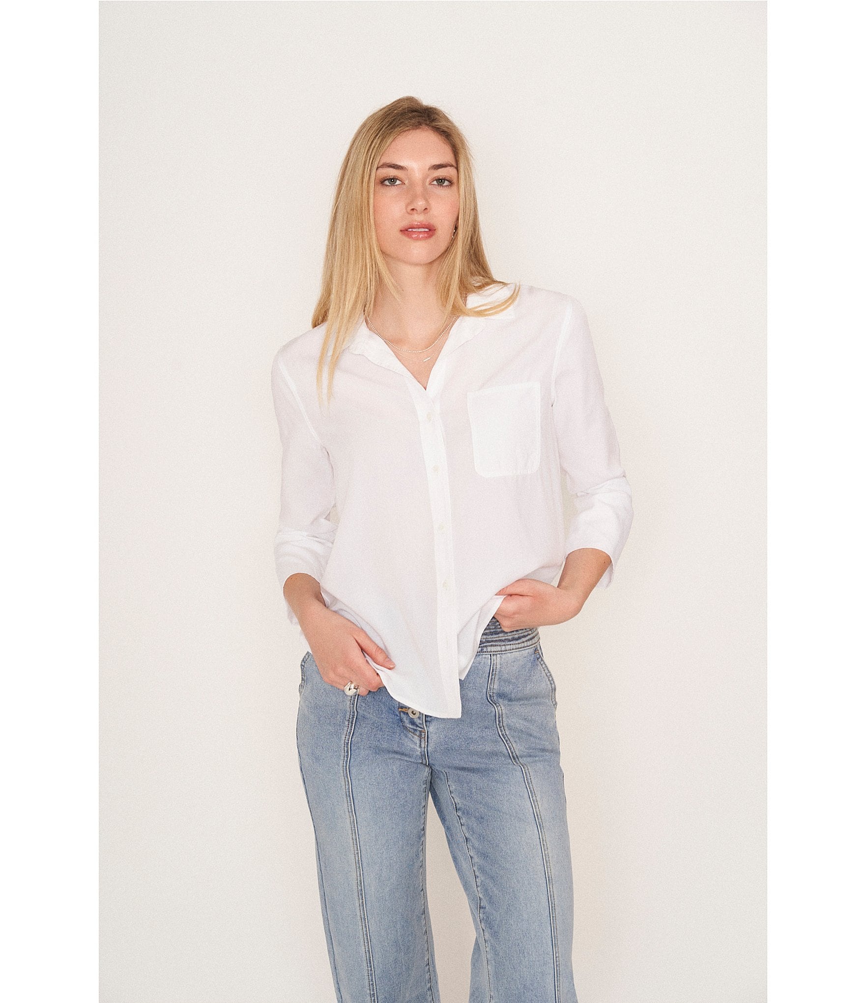 Chelsea & Violet Tencel Point Collar 3/4 Sleeve Shirttail Hem Button Front Patch Pocket Shirt