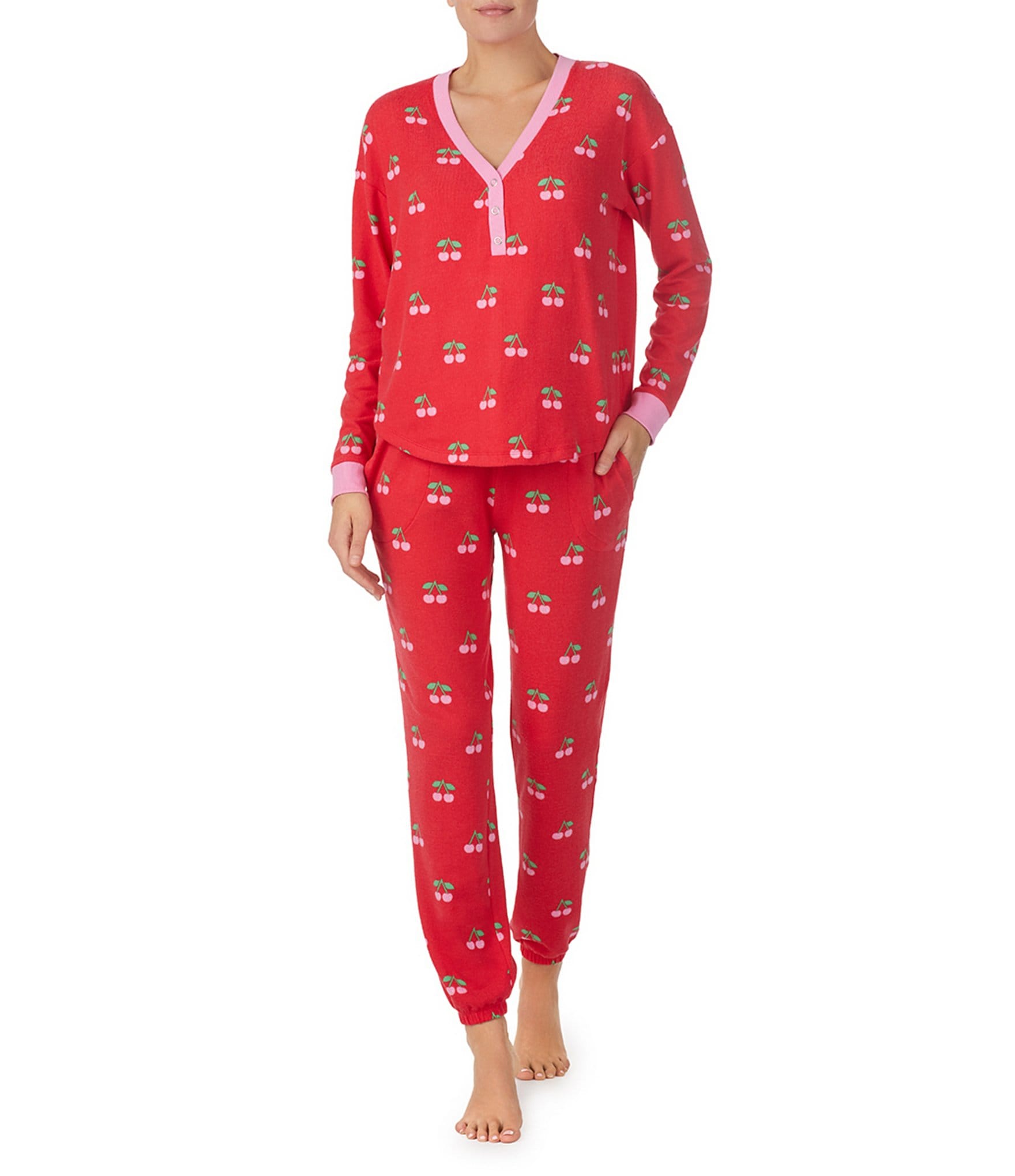 Cherry Print Marshmallow Jersey Long Sleeve Henley Ski Pajama Set ...