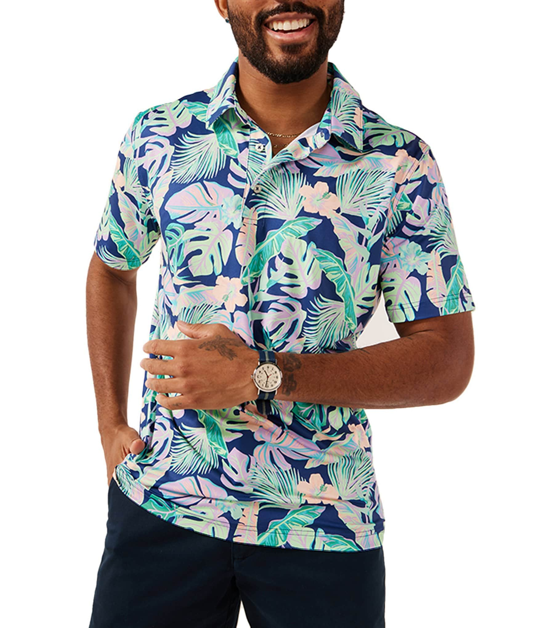 Chubbies Night Flauna Tropical Leaf Print Short Sleeve Performance Polo Shirt