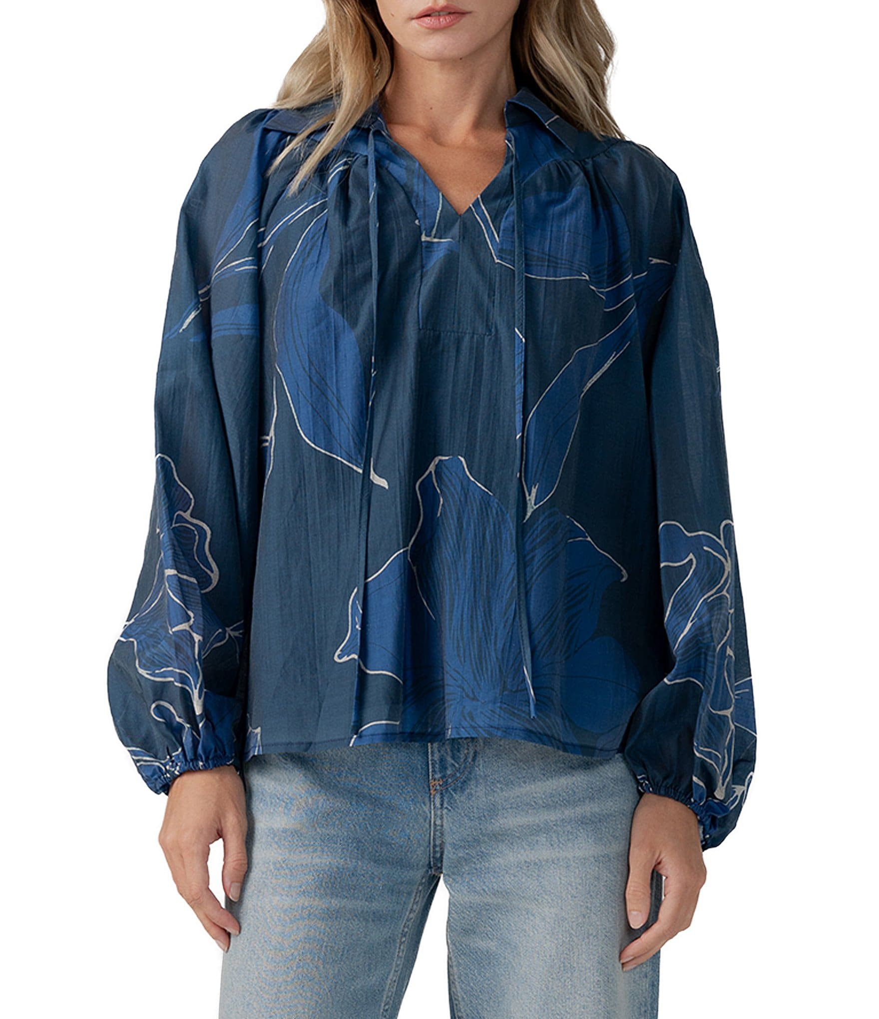 CIEBON Elisa Floral Printed Collared Long Sleeve Popover Top
