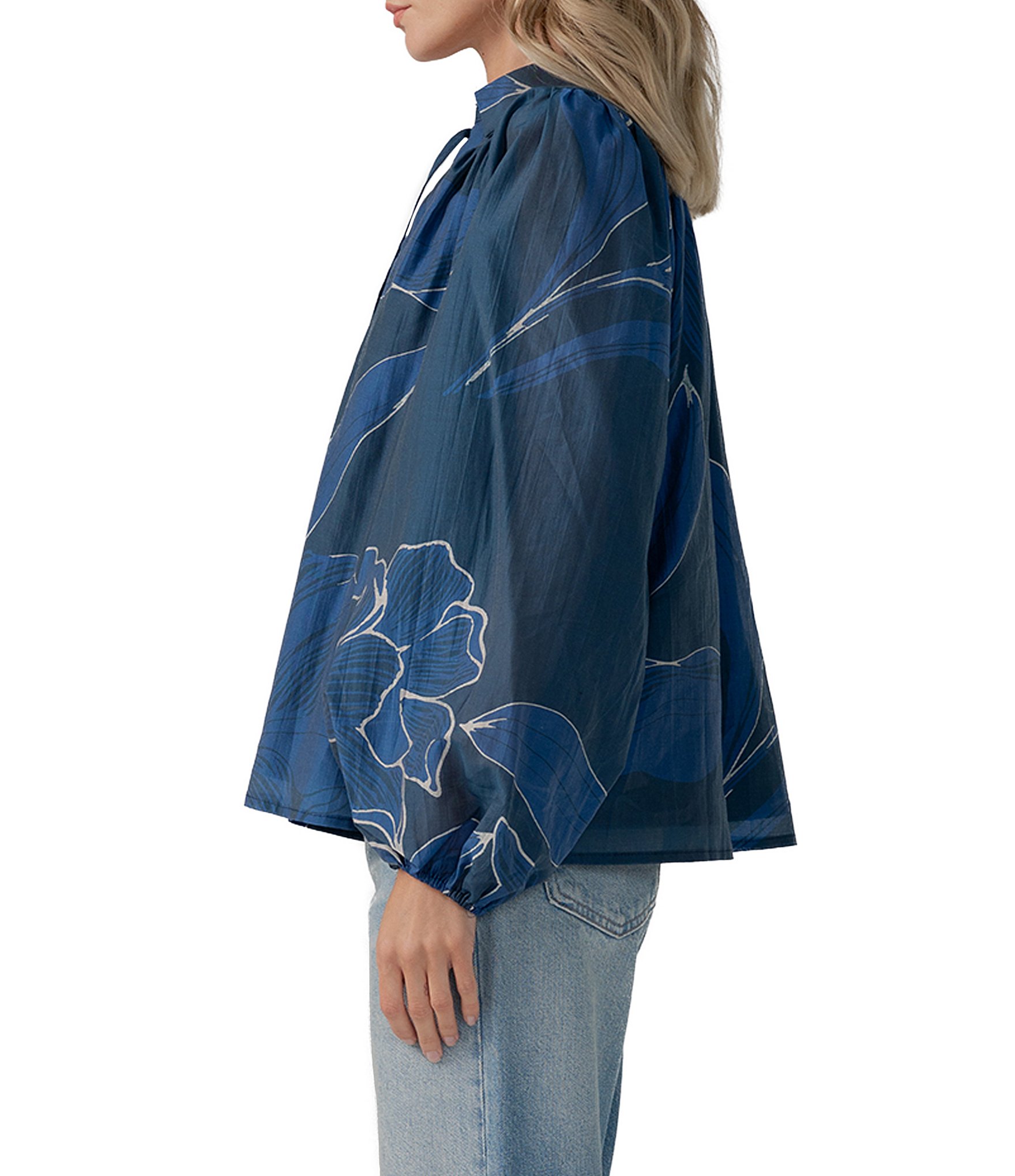 CIEBON Elisa Floral Printed Collared Long Sleeve Popover Top
