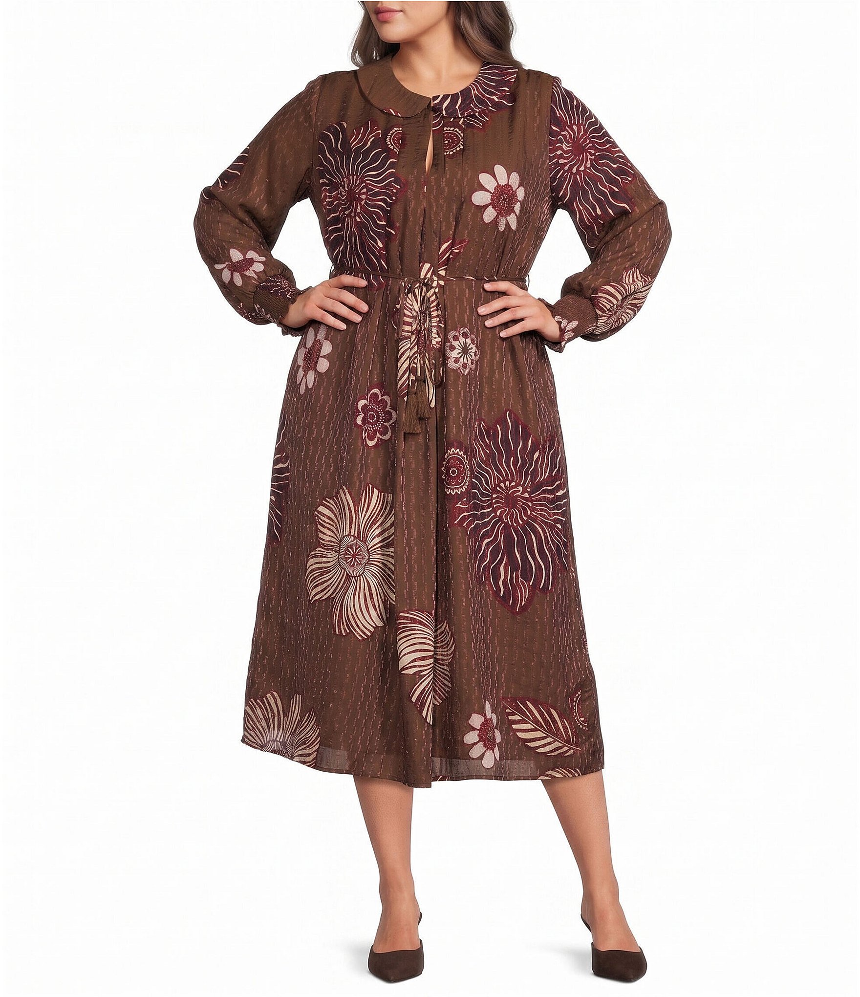 CIEBON Plus Size Rosamond Textured Floral Printed Collared Long Sleeve Midi Dress