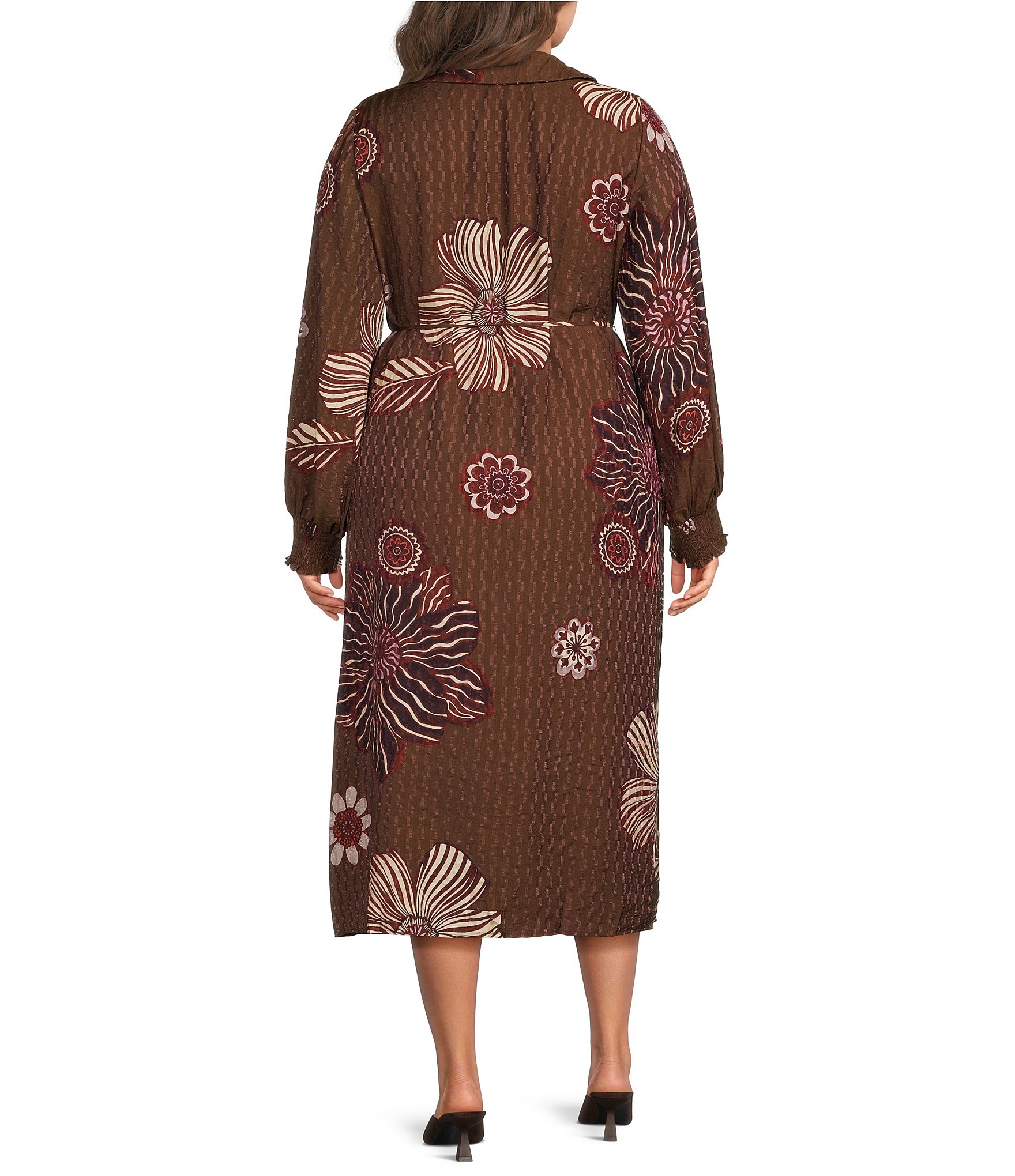 CIEBON Plus Size Rosamond Textured Floral Printed Collared Long Sleeve Midi Dress