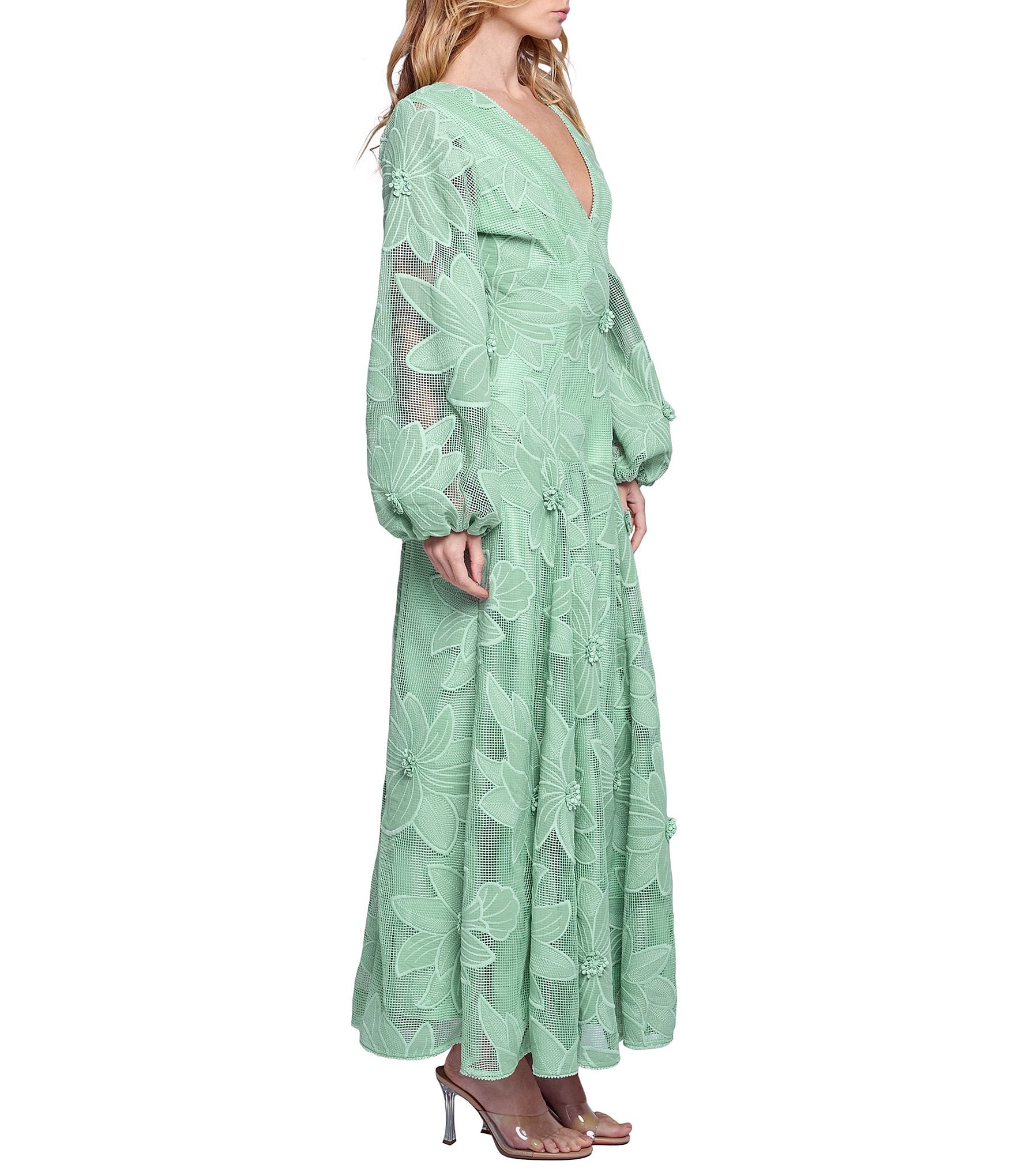 CIEBON Sarilla Crochet Effect V-Neck Long Sleeve Maxi Dress