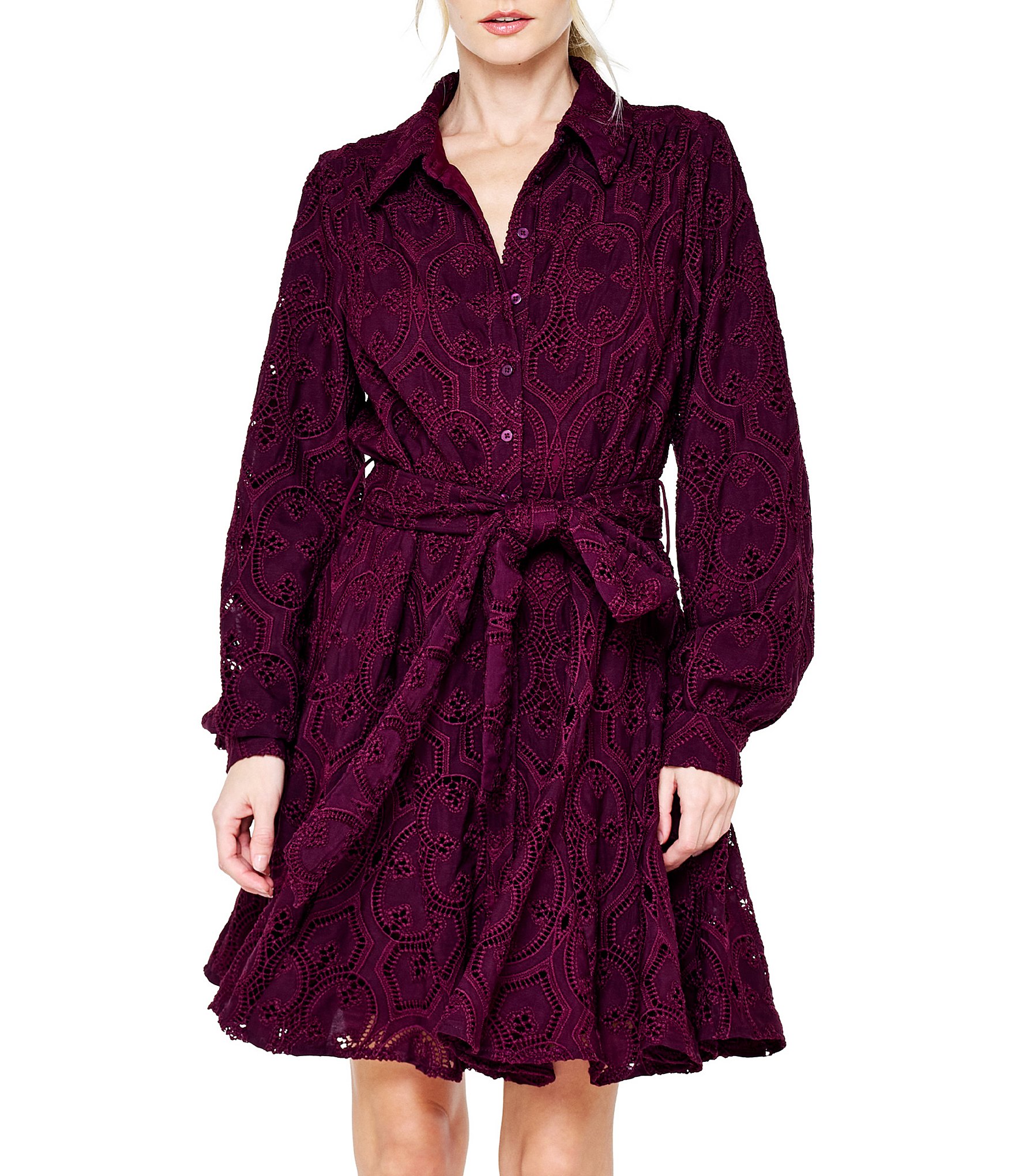 CIEBON Serane Eyelet Embroidered Lace Collared Long Sleeve Belted Mini Shirt Dress