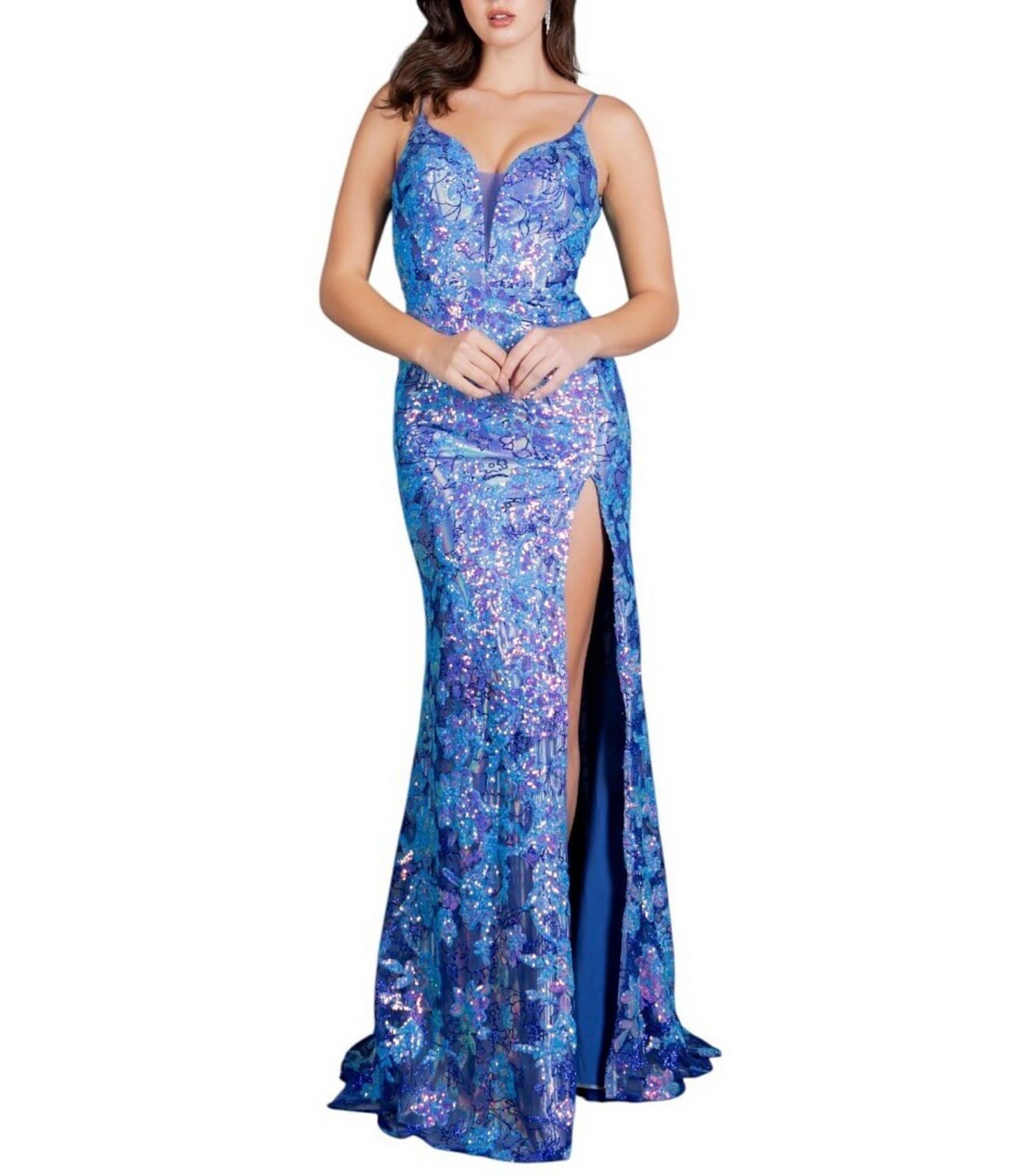 Cinderella Couture Sequin Embellished Floral Applique Deep Illusion V-Neck Side Slit Lace Up Back Long Dress