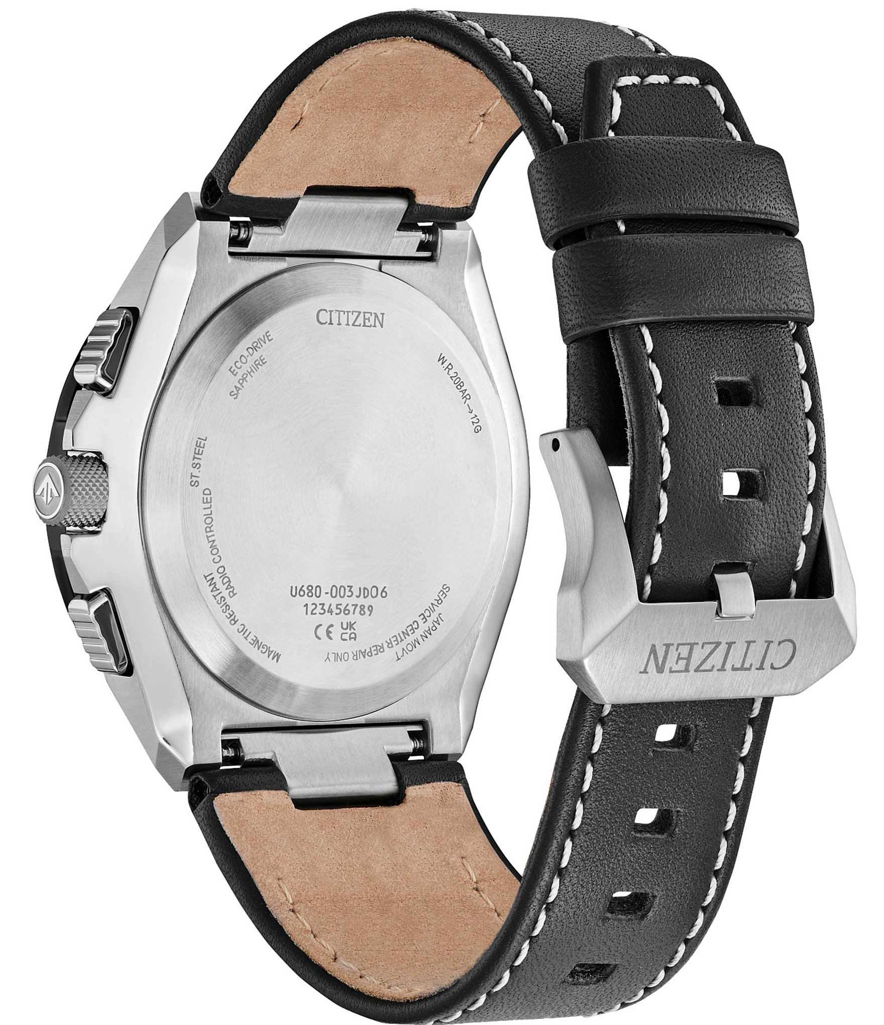 Citizen Men's Black Leather Strap Eco-Drive Water Resistance 200 Stainless Steel Watch