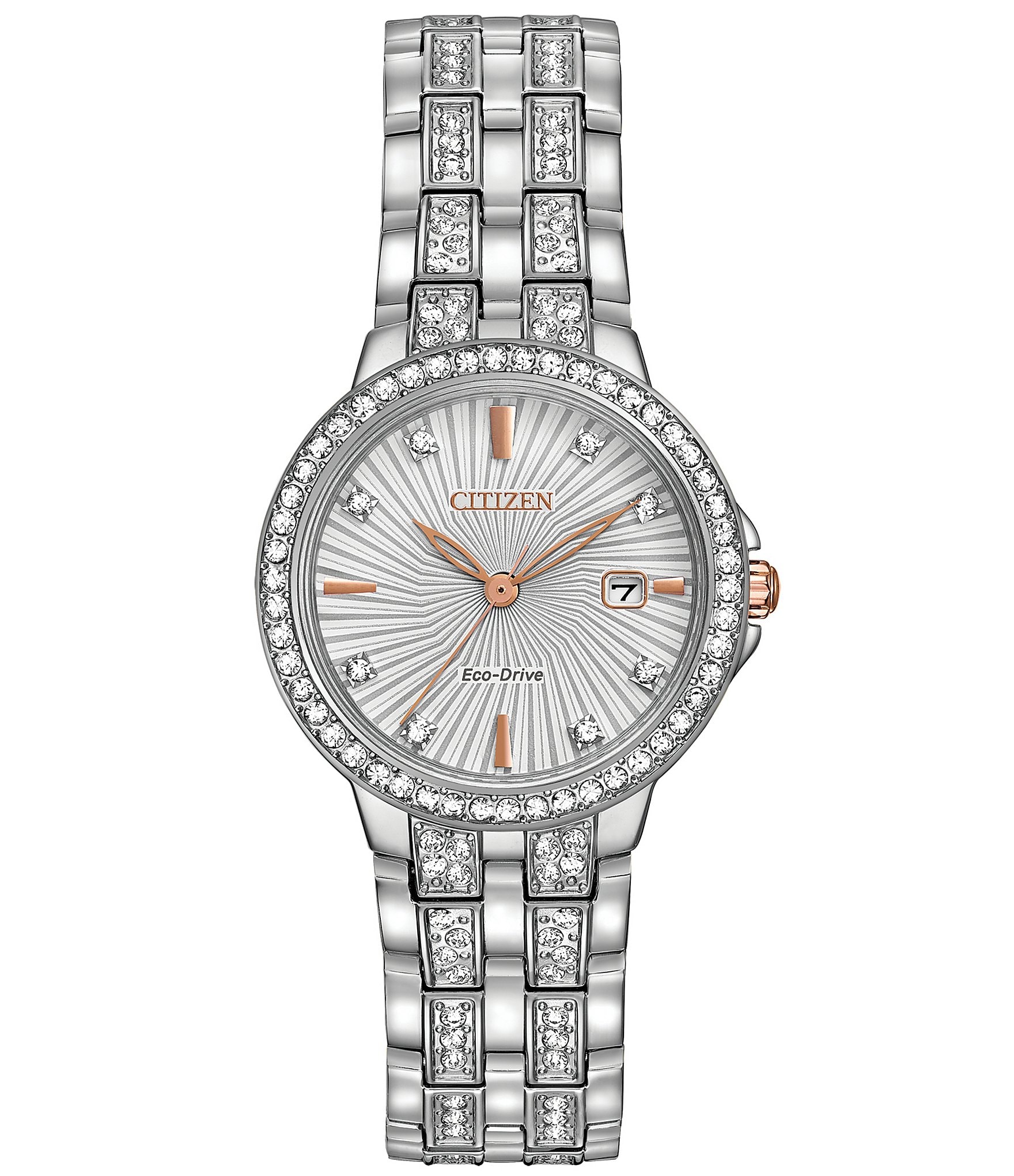 Citizen Women's Silhouette Crystal Three Hand Rose Gold Accented Stainless Steel Bracelet Watch