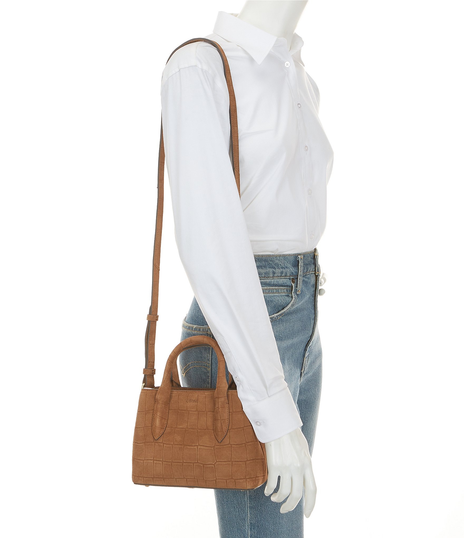 CITRINE Emerson Croco Embossed Suede Satchel Bag