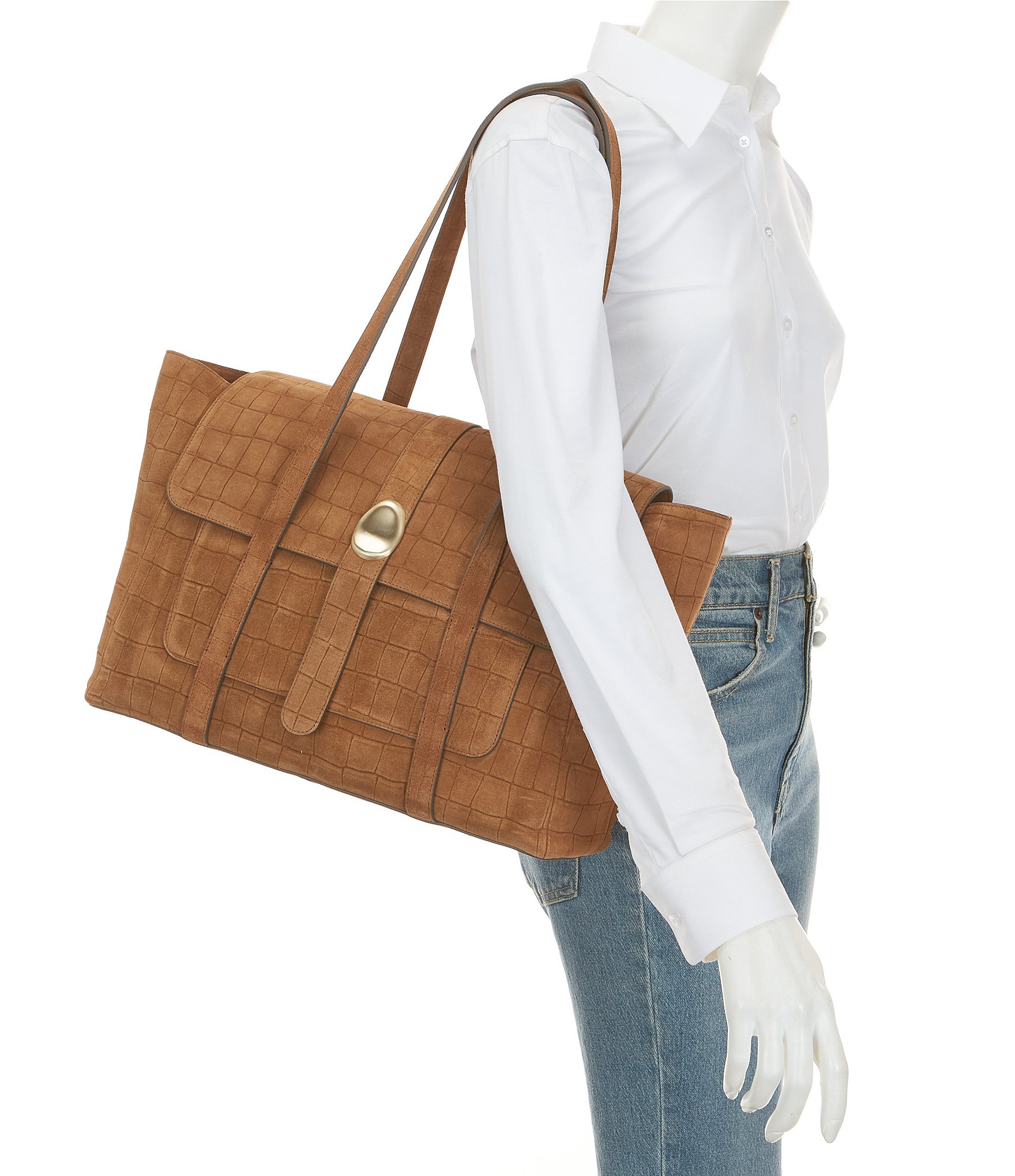 CITRINE Willow Flap Croco Embossed Suede Satchel Bag