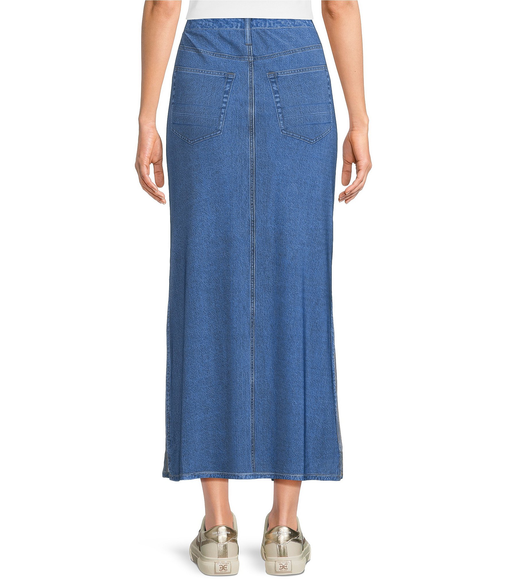 City Blues Pull-On Denim Mesh Maxi Skirt