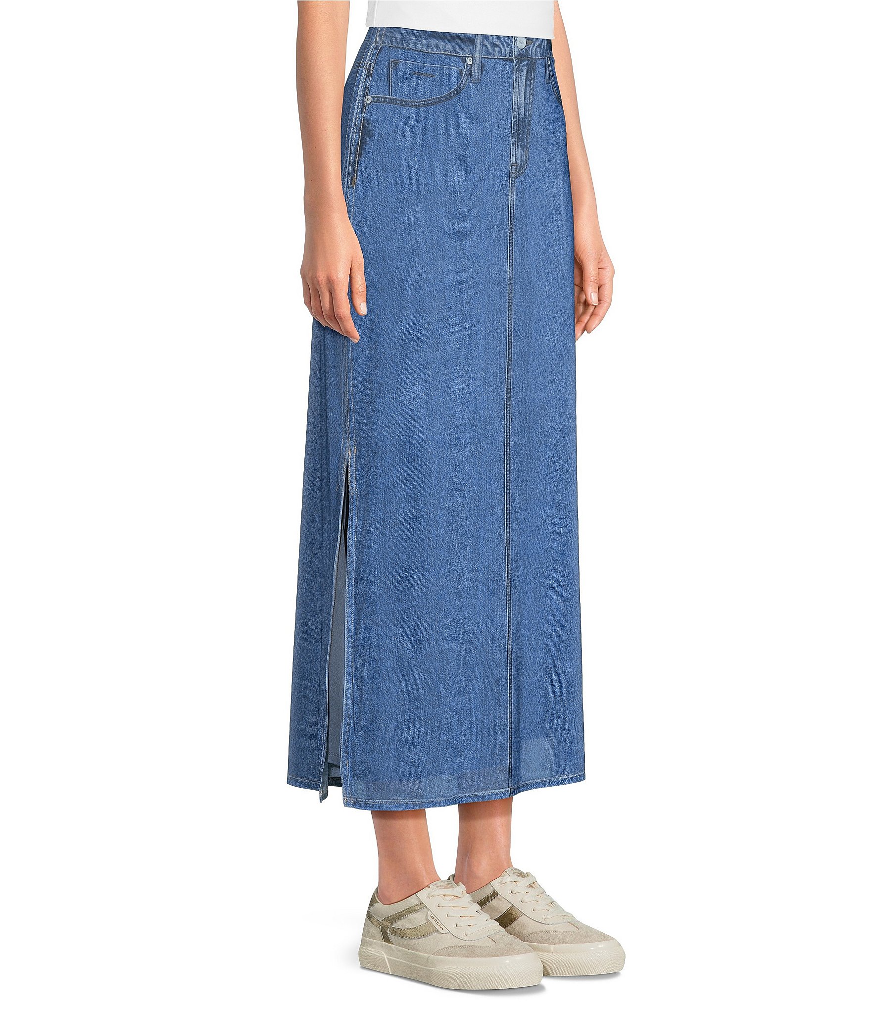 City Blues Pull-On Denim Mesh Maxi Skirt